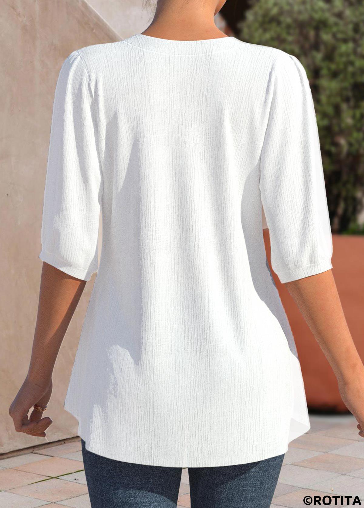 White tops,Plain Color tops,ROTITA Lace White Split Neck Half Sleeve Blouse