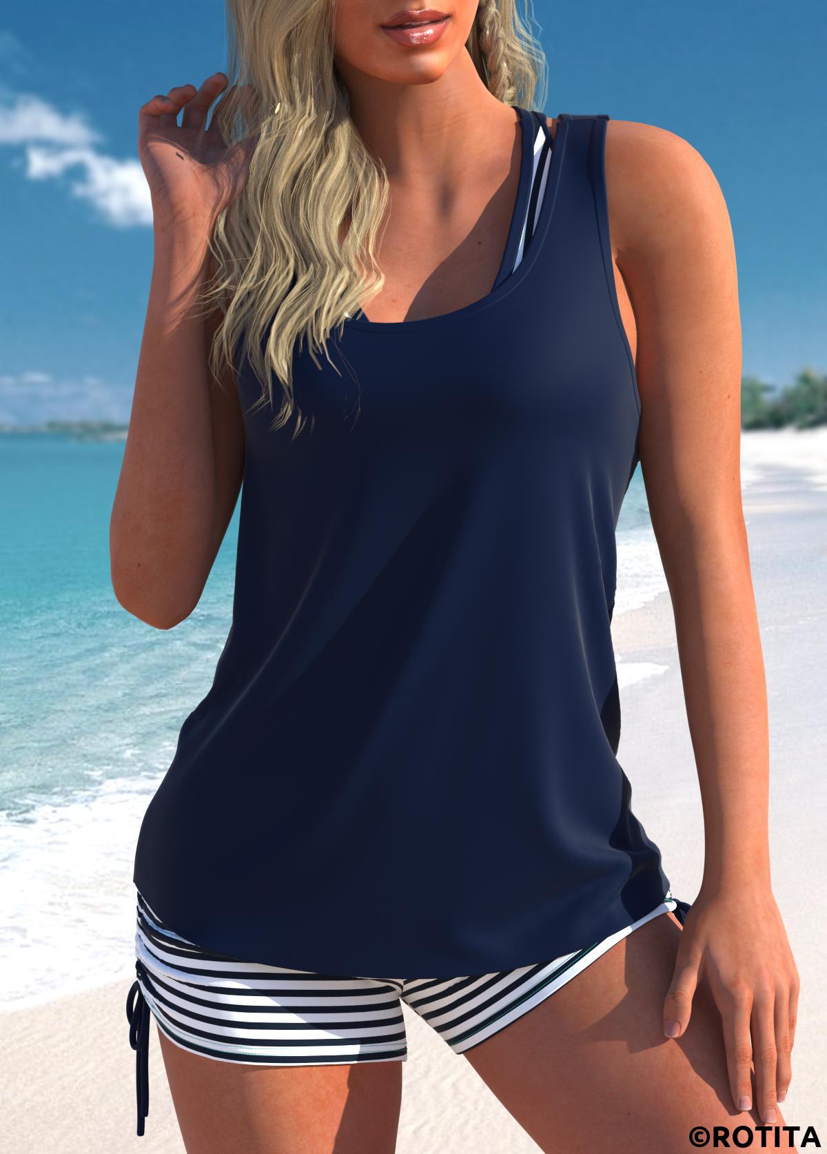 Navy swimwear,White swimwear,Striped swimwear,ROTITA Three-Piece Navy Striped Mid Waisted Tankini Set
