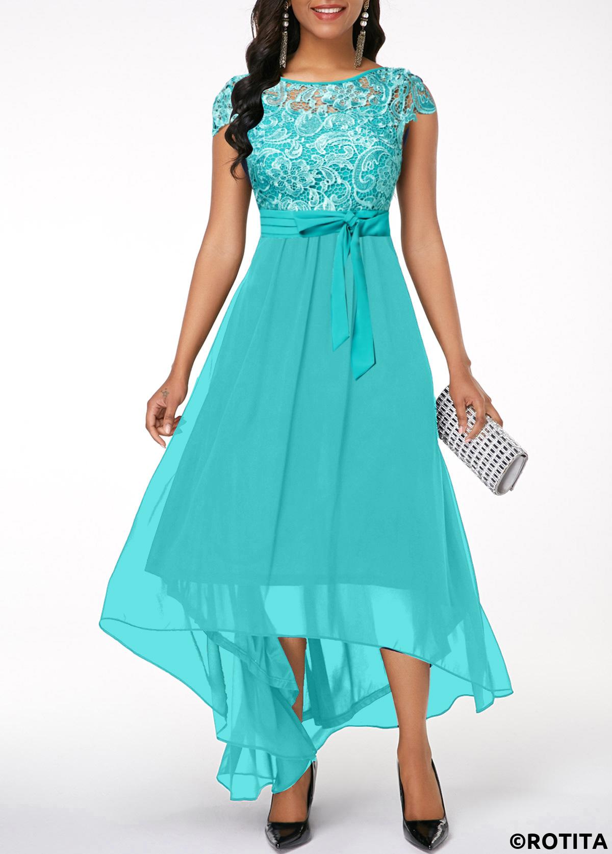 Mint Green dresses,Plain Color dresses,Party dresses,Elegant dresses,ROTITA Lace Mint Green High Low Boat Neck Dress