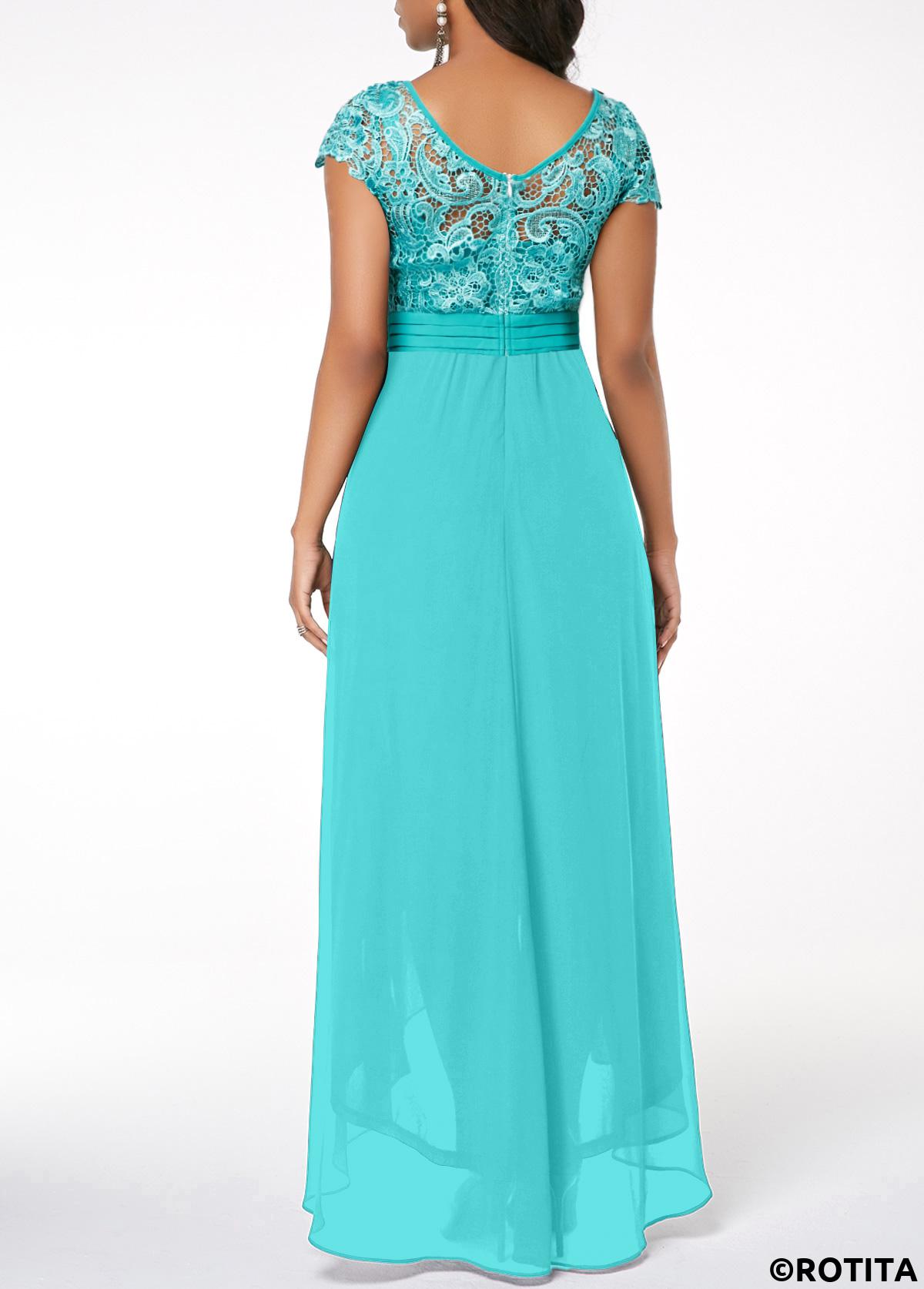 Mint Green dresses,Plain Color dresses,Party dresses,Elegant dresses,ROTITA Lace Mint Green High Low Boat Neck Dress