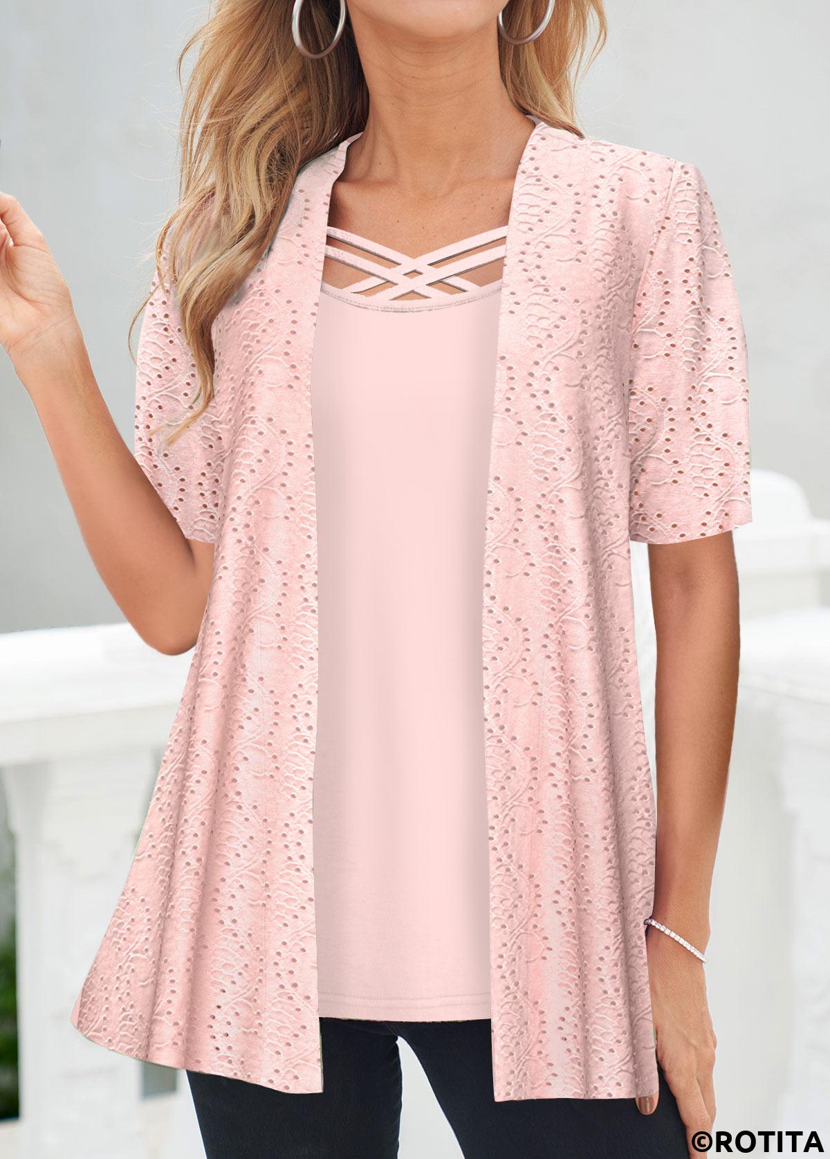 Light Pink tops,Plain Color tops,ROTITA Light Pink Square Neck Fake Two Piece Twinset
