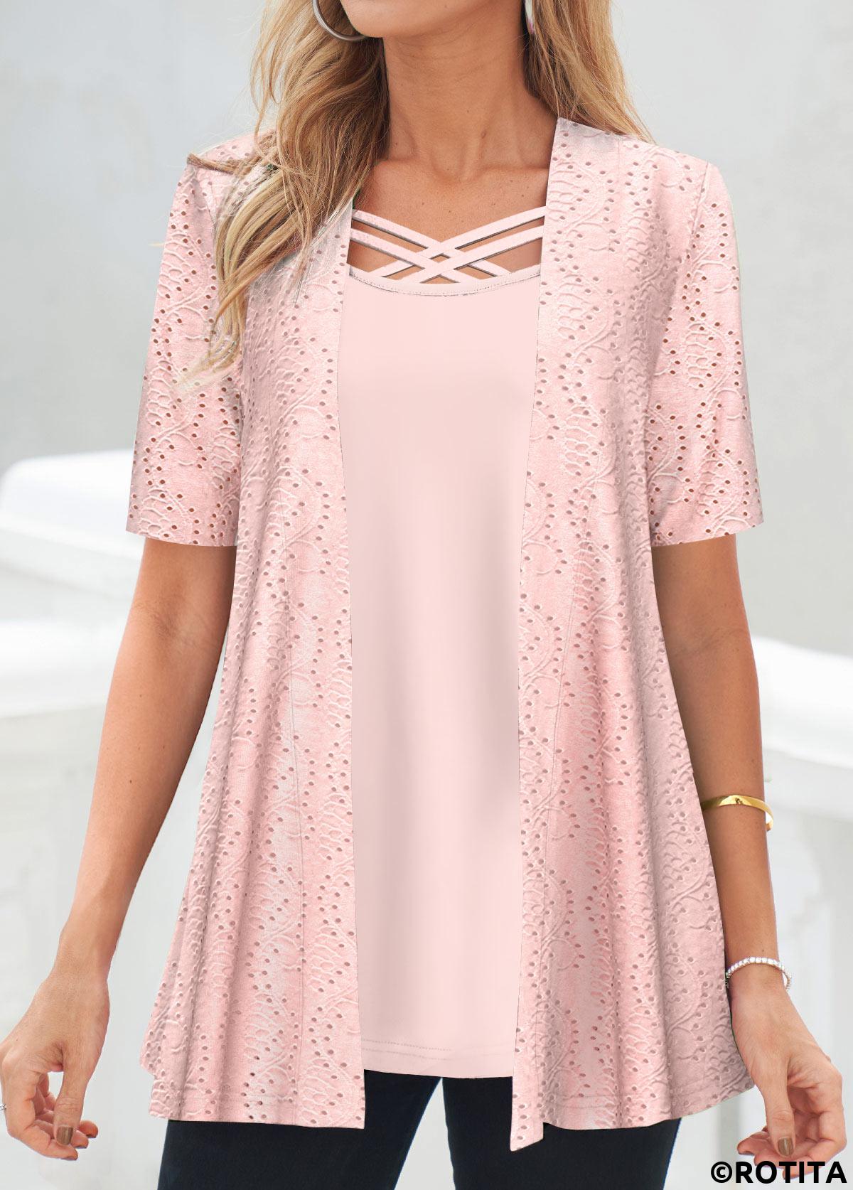Light Pink tops,Plain Color tops,ROTITA Light Pink Square Neck Fake Two Piece Twinset