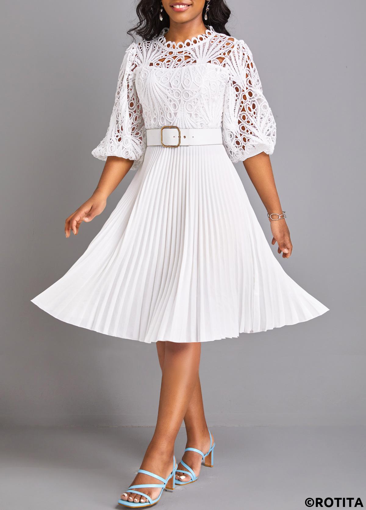 White dresses,Plain Color dresses,Party dresses,Elegant dresses,ROTITA Pleated White Belted Round Neck Dress
