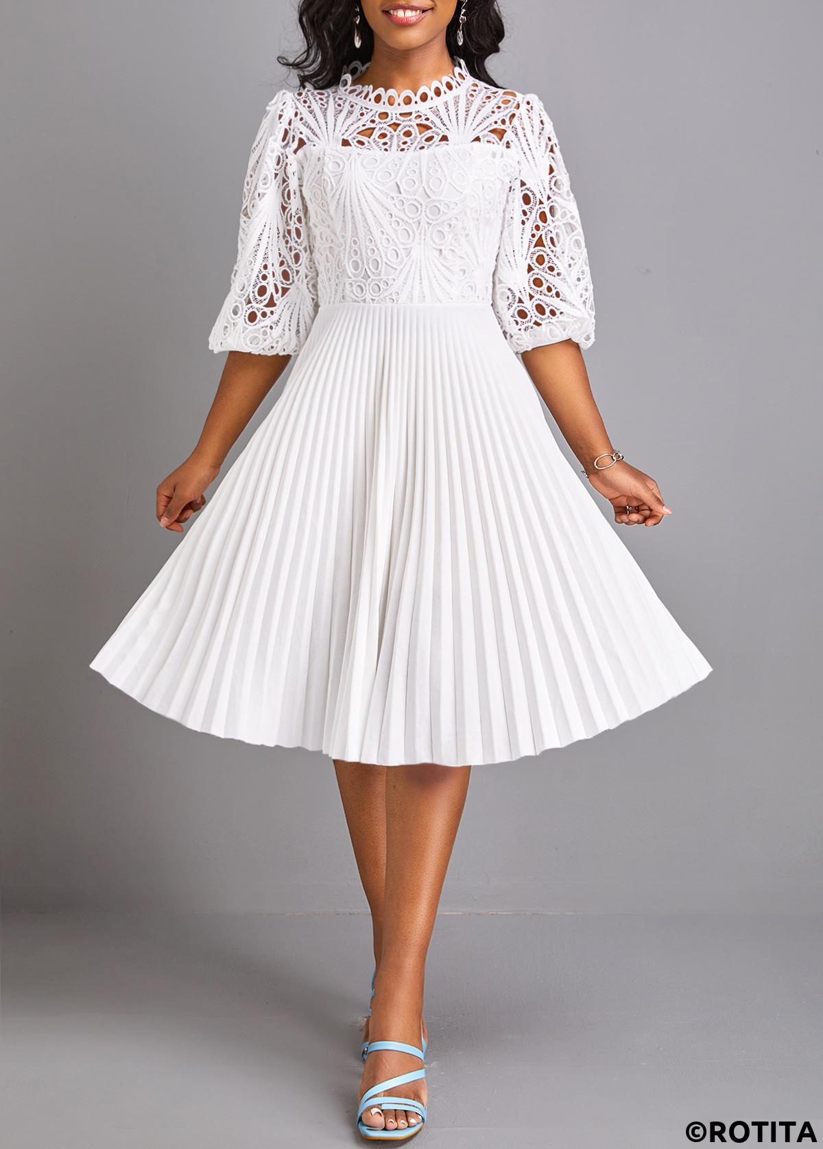 White dresses,Plain Color dresses,Party dresses,Elegant dresses,ROTITA Pleated White Belted Round Neck Dress