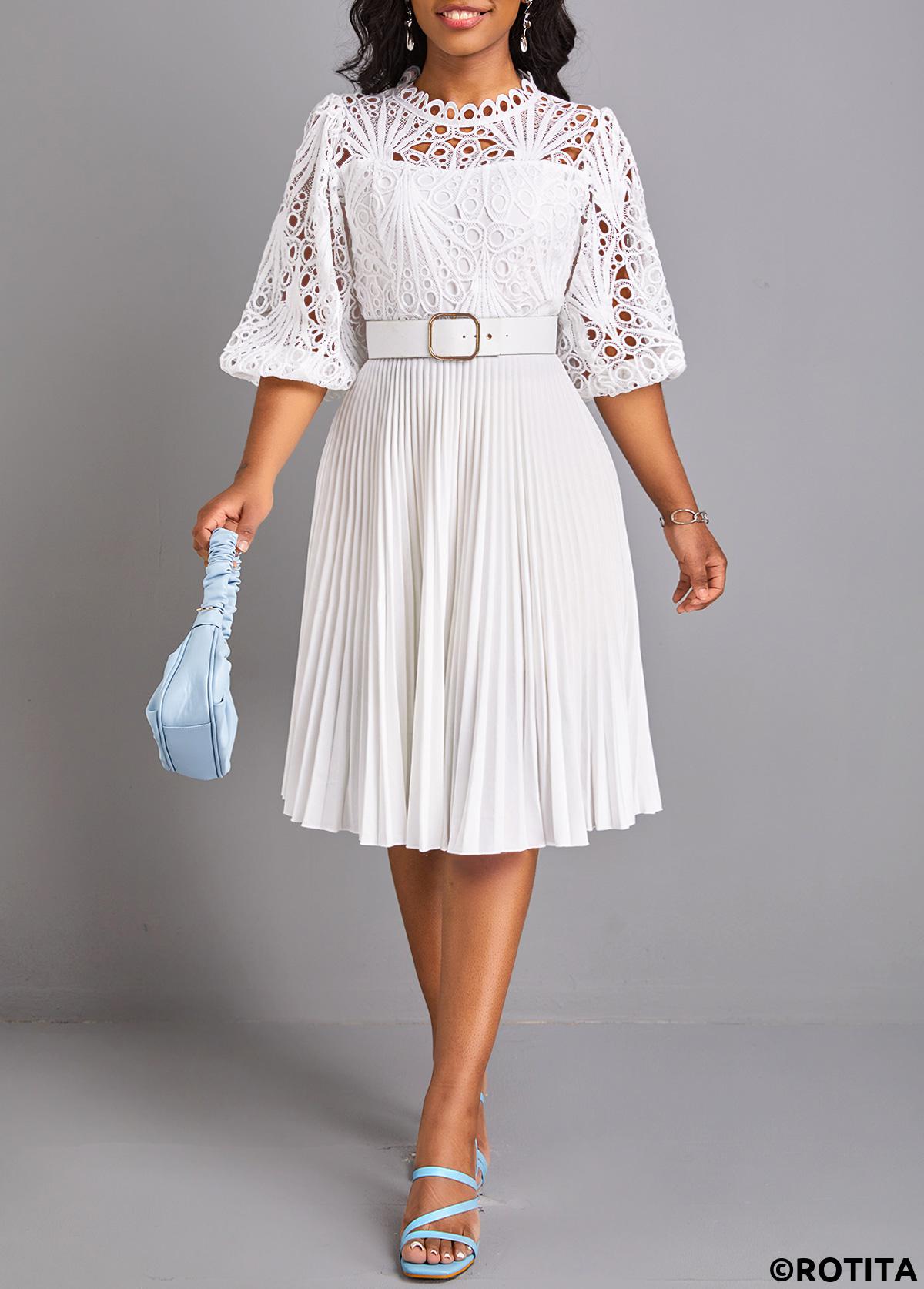 White dresses,Plain Color dresses,Party dresses,Elegant dresses,ROTITA Pleated White Belted Round Neck Dress
