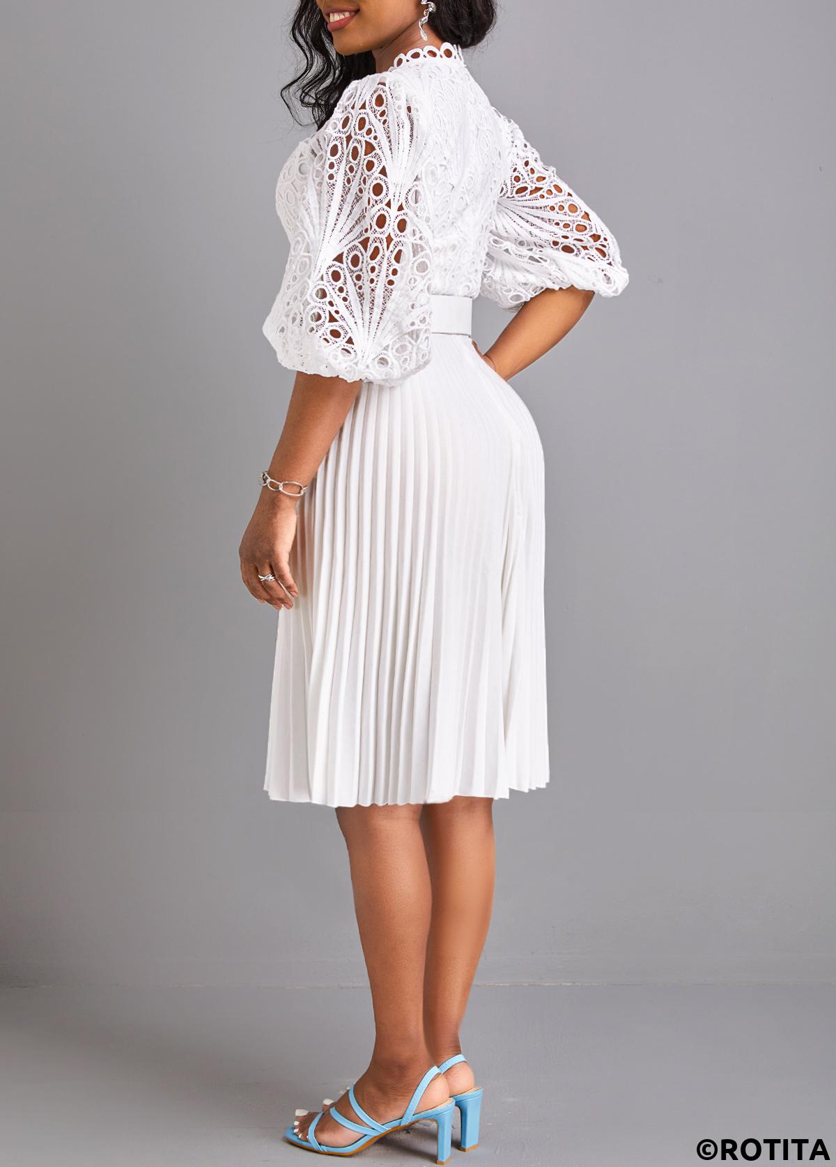 White dresses,Plain Color dresses,Party dresses,Elegant dresses,ROTITA Pleated White Belted Round Neck Dress