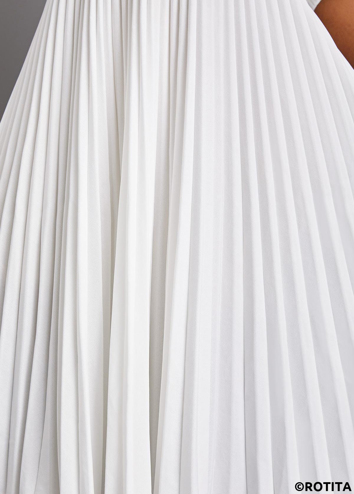 White dresses,Plain Color dresses,Party dresses,Elegant dresses,ROTITA Pleated White Belted Round Neck Dress