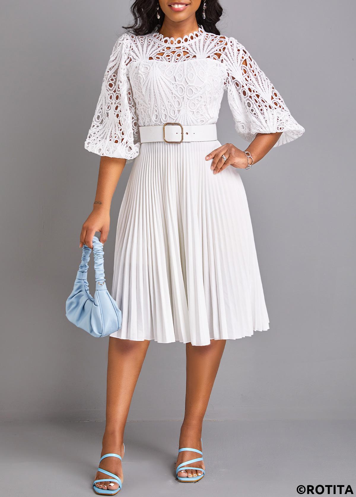 White dresses,Plain Color dresses,Party dresses,Elegant dresses,ROTITA Pleated White Belted Round Neck Dress