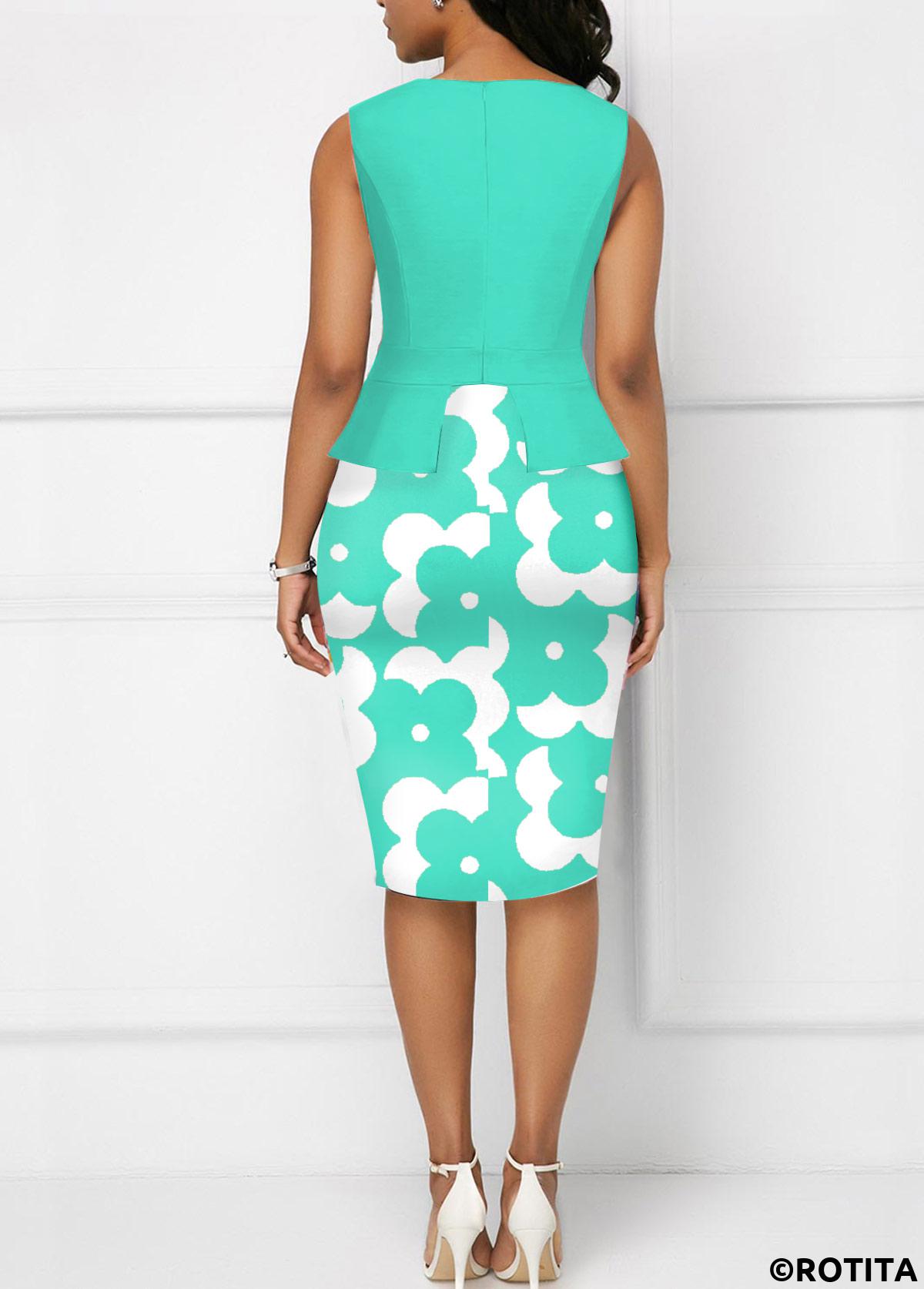 Mint Green dresses,Floral dresses,Wear to Work dresses,Work dresses,ROTITA Fake 2in1 Floral Print Mint Green Bodycon Dress