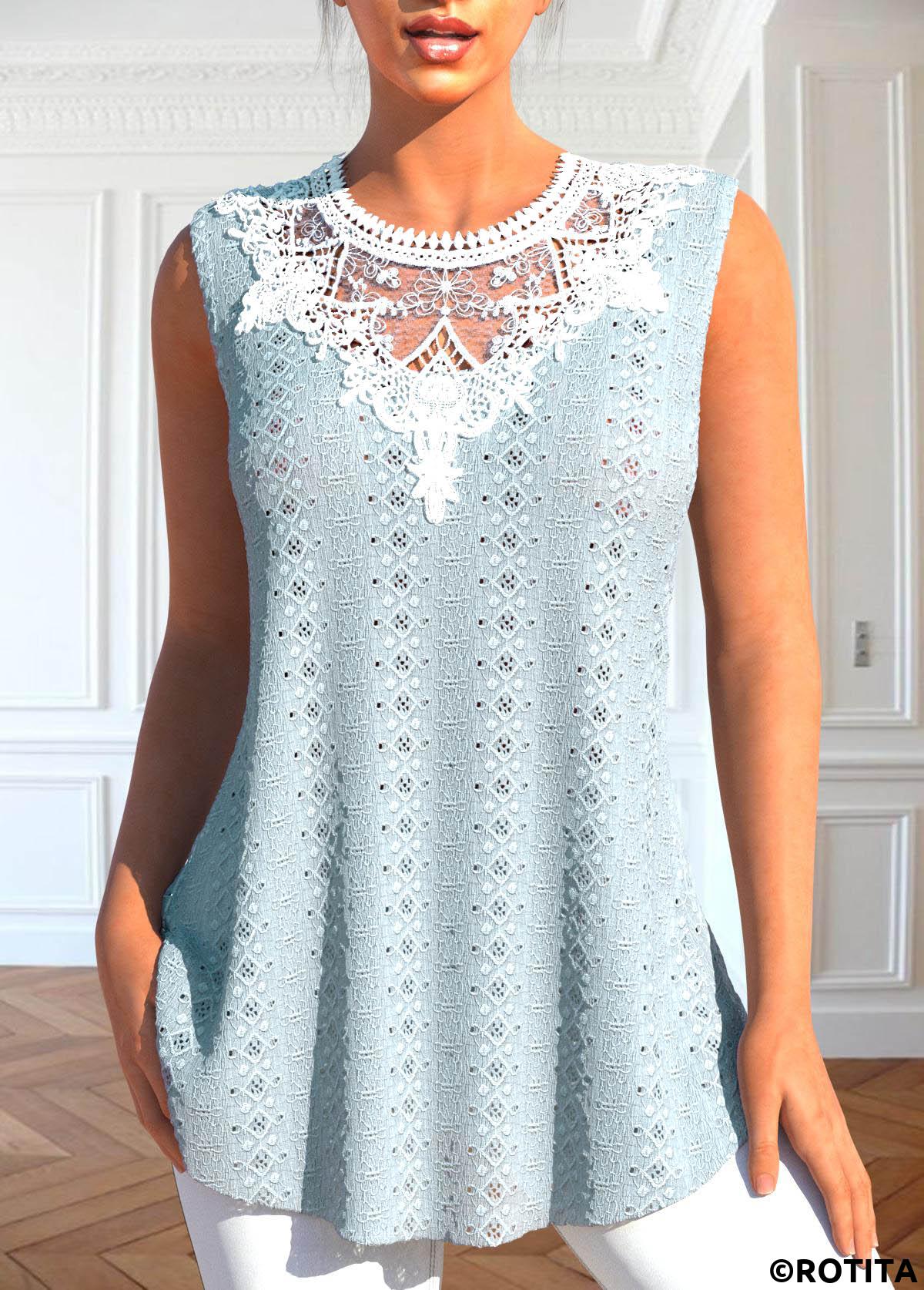 Dusty Blue tops,Plain Color tops,ROTITA Patchwork Dusty Blue Round Neck Tank Top