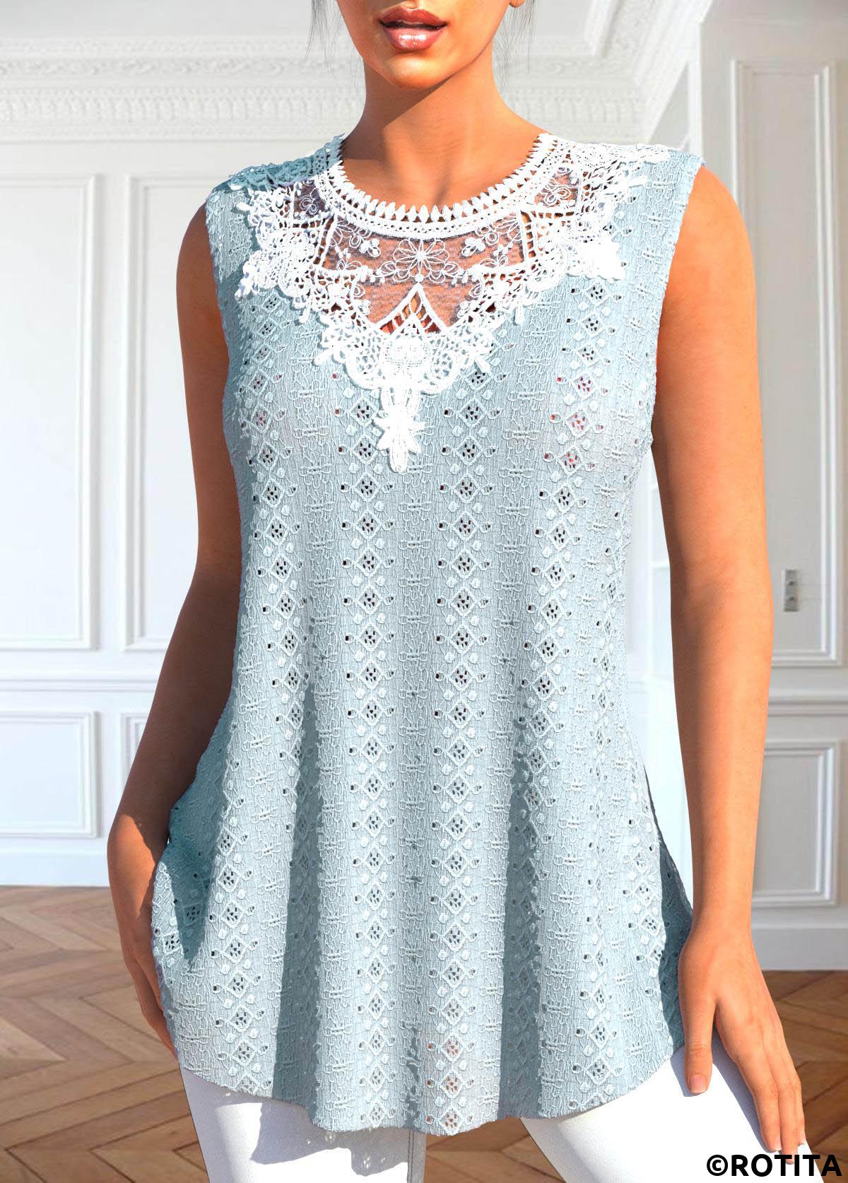 Dusty Blue tops,Plain Color tops,ROTITA Patchwork Dusty Blue Round Neck Tank Top