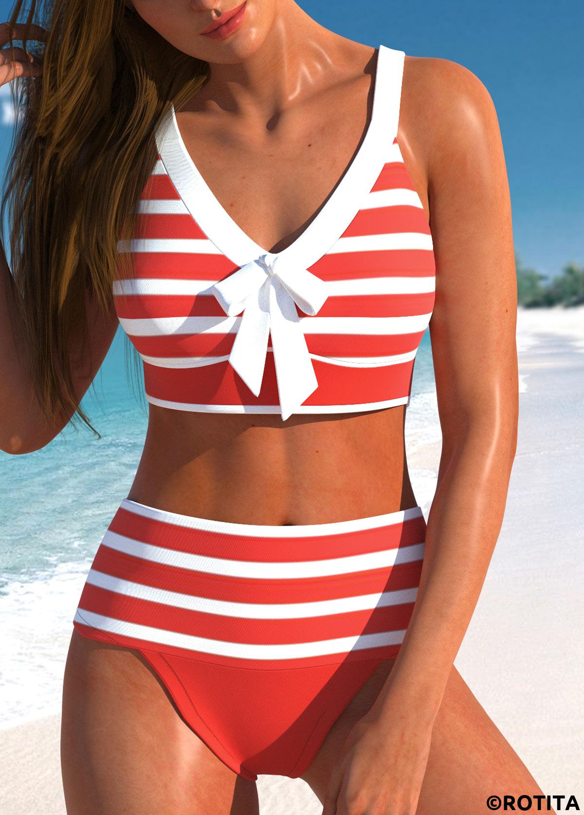 Coral swimwear,Striped swimwear,Contrast Color swimwear,ROTITA Patchwork Coral Striped High Waisted Bikini Set