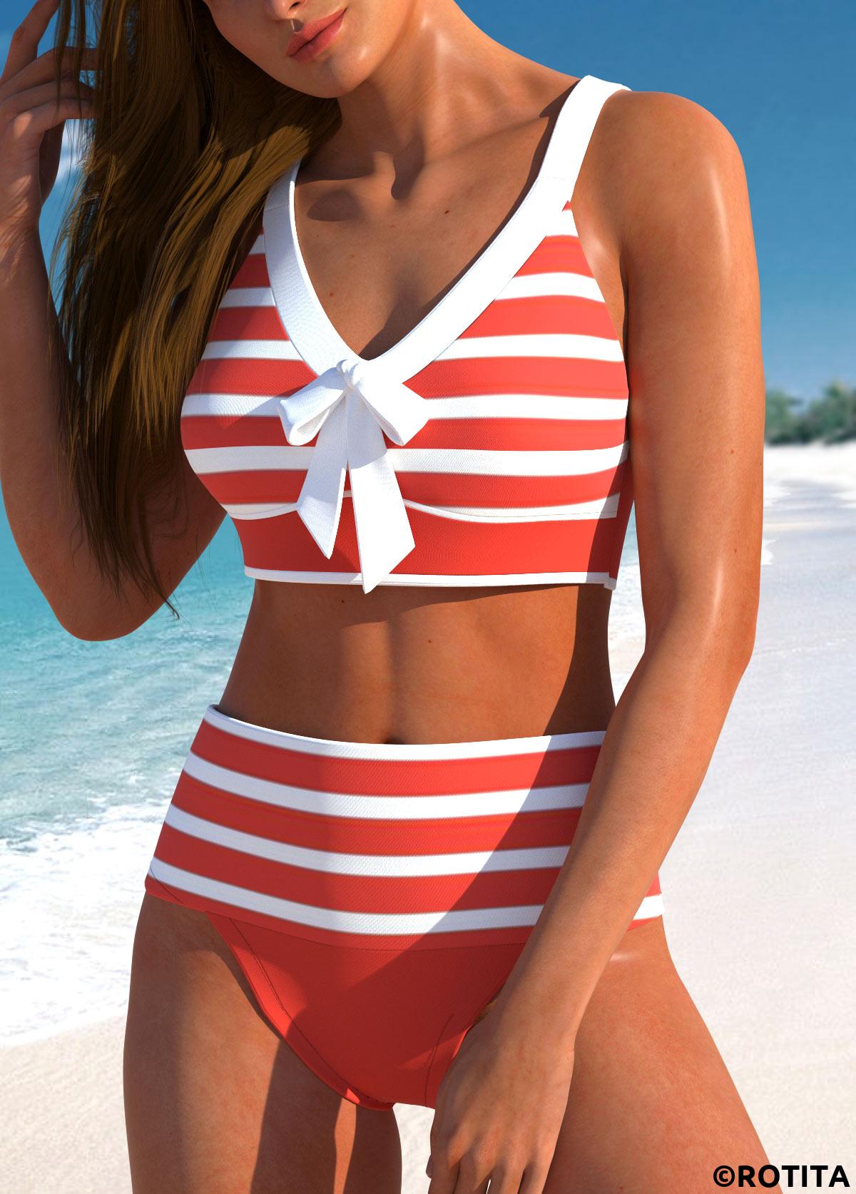 Coral swimwear,Striped swimwear,Contrast Color swimwear,ROTITA Patchwork Coral Striped High Waisted Bikini Set