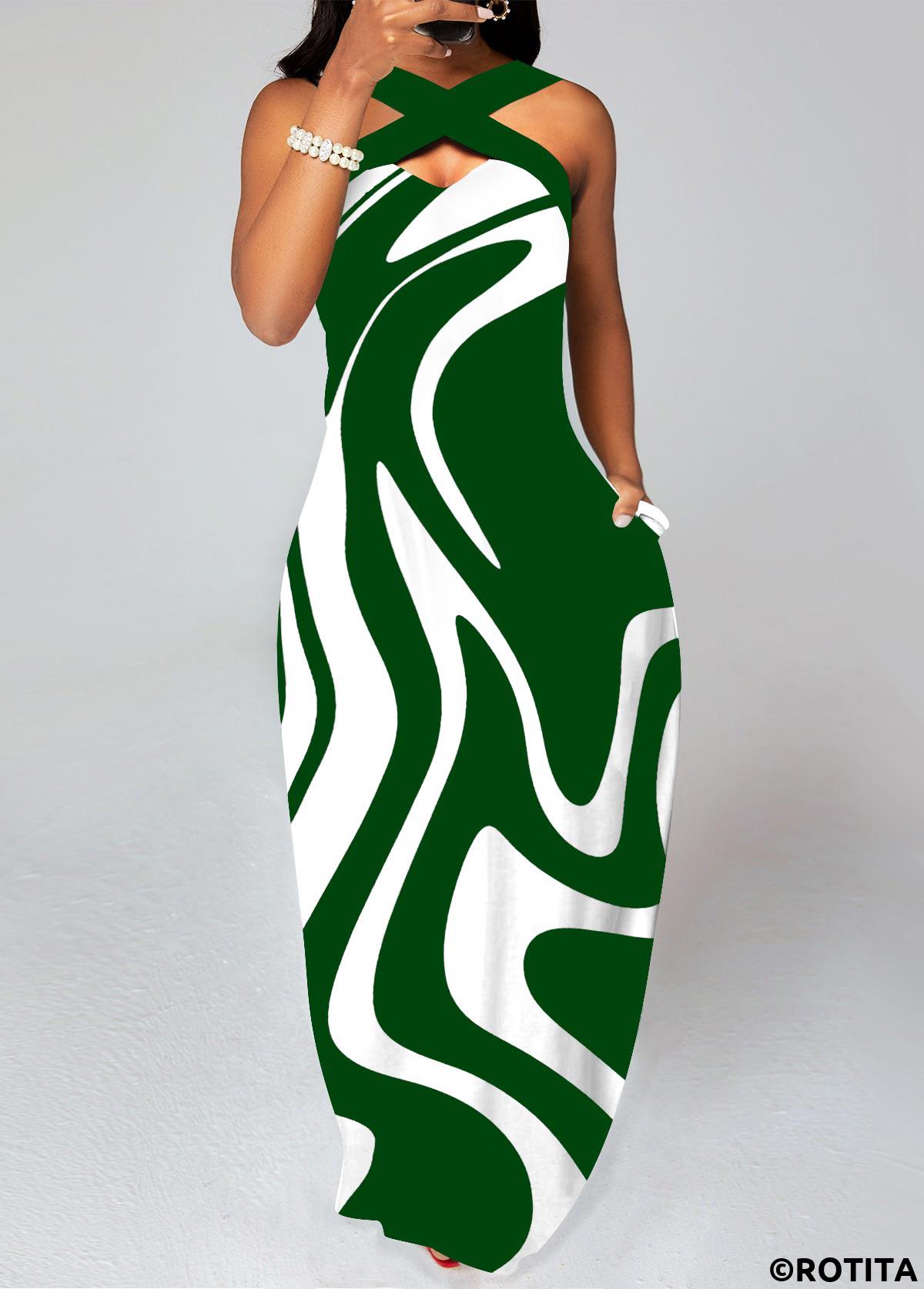 Green dresses,Geometric dresses,Vacation dresses,Vacation dresses,ROTITA Criss Cross Geometric Print Green Maxi Dress