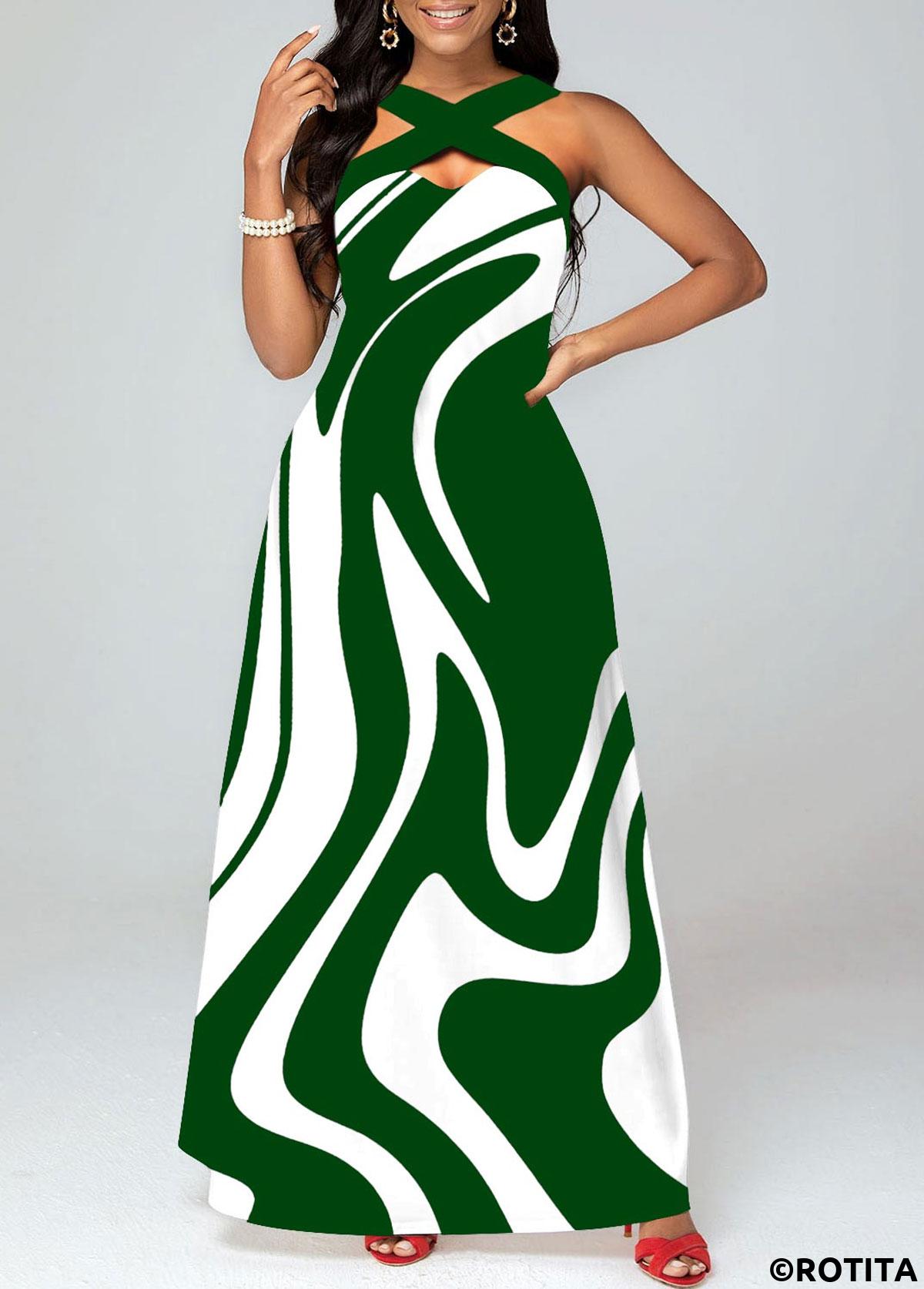 Green dresses,Geometric dresses,Vacation dresses,Vacation dresses,ROTITA Criss Cross Geometric Print Green Maxi Dress