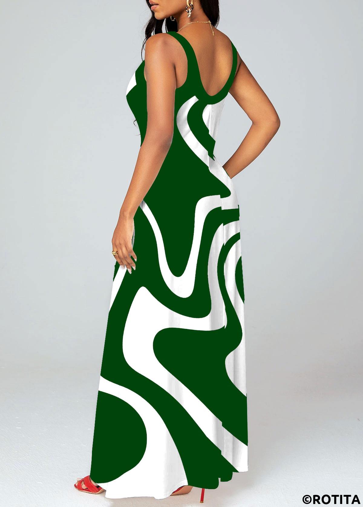Green dresses,Geometric dresses,Vacation dresses,Vacation dresses,ROTITA Criss Cross Geometric Print Green Maxi Dress