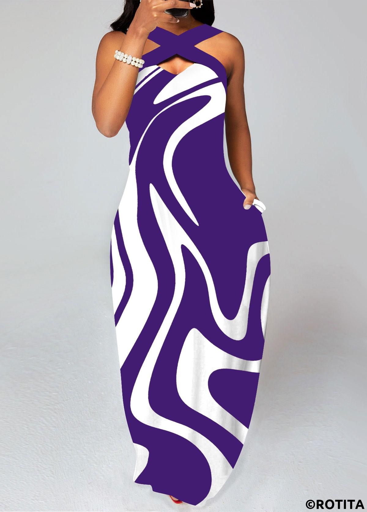 Purple dresses,White dresses,Geometric dresses,Vacation dresses,Vacation dresses,ROTITA Criss Cross Geometric Print Purple Maxi Dress