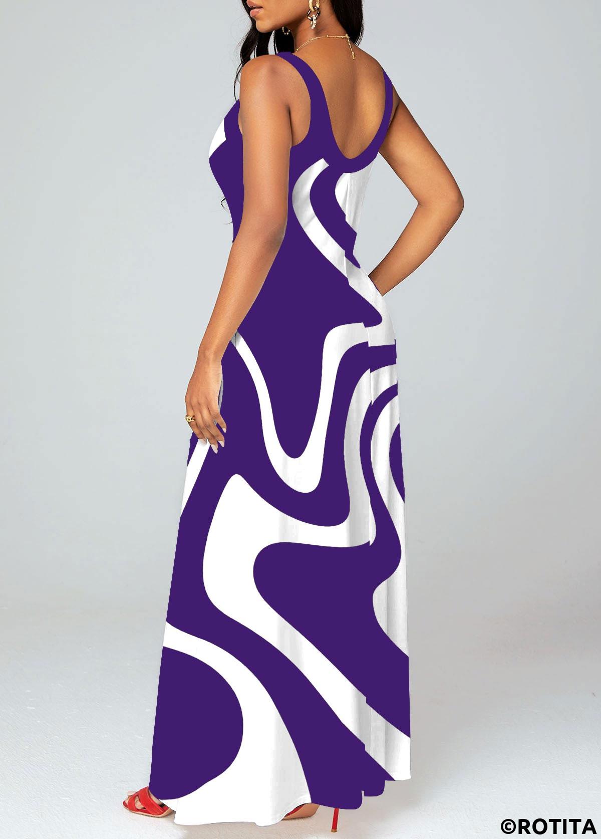 Purple dresses,White dresses,Geometric dresses,Vacation dresses,Vacation dresses,ROTITA Criss Cross Geometric Print Purple Maxi Dress