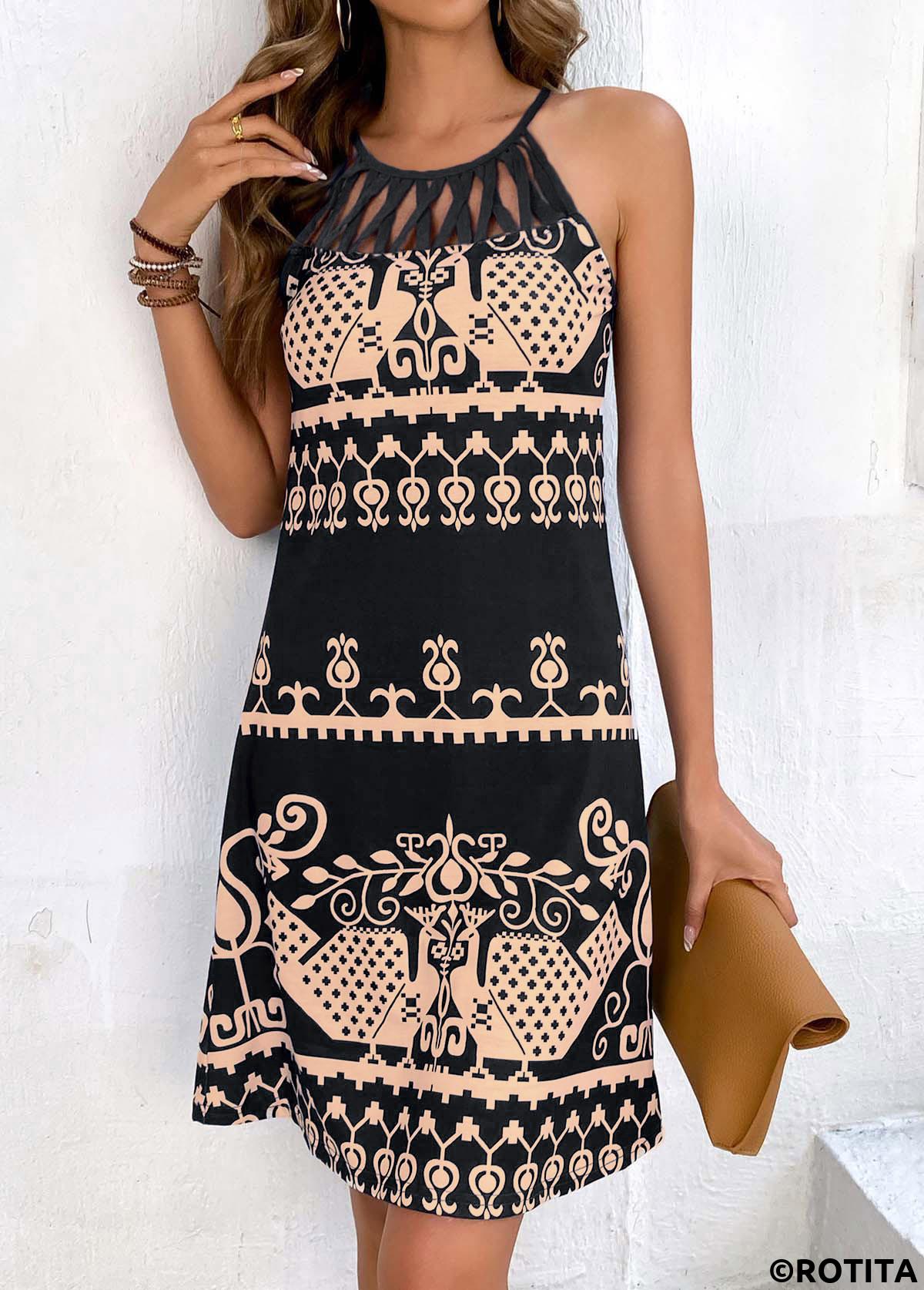 Black dresses,Tribal dresses,Plants dresses,Geometric dresses,Vacation dresses,Vacation dresses,Cage Neck Tribal Print Black Dress