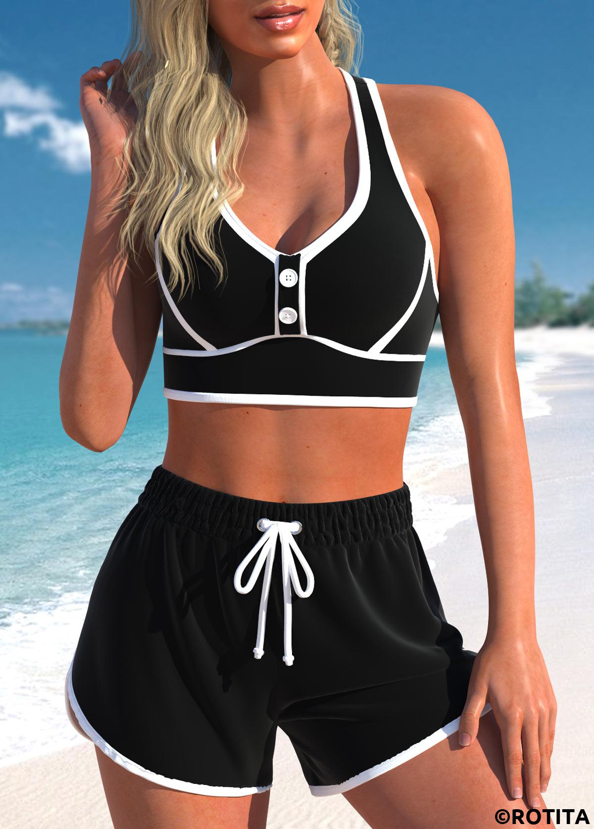 Black swimwear,Contrast Color swimwear,ROTITA Quick Drying Criss Cross Black High Waisted Bikini Set