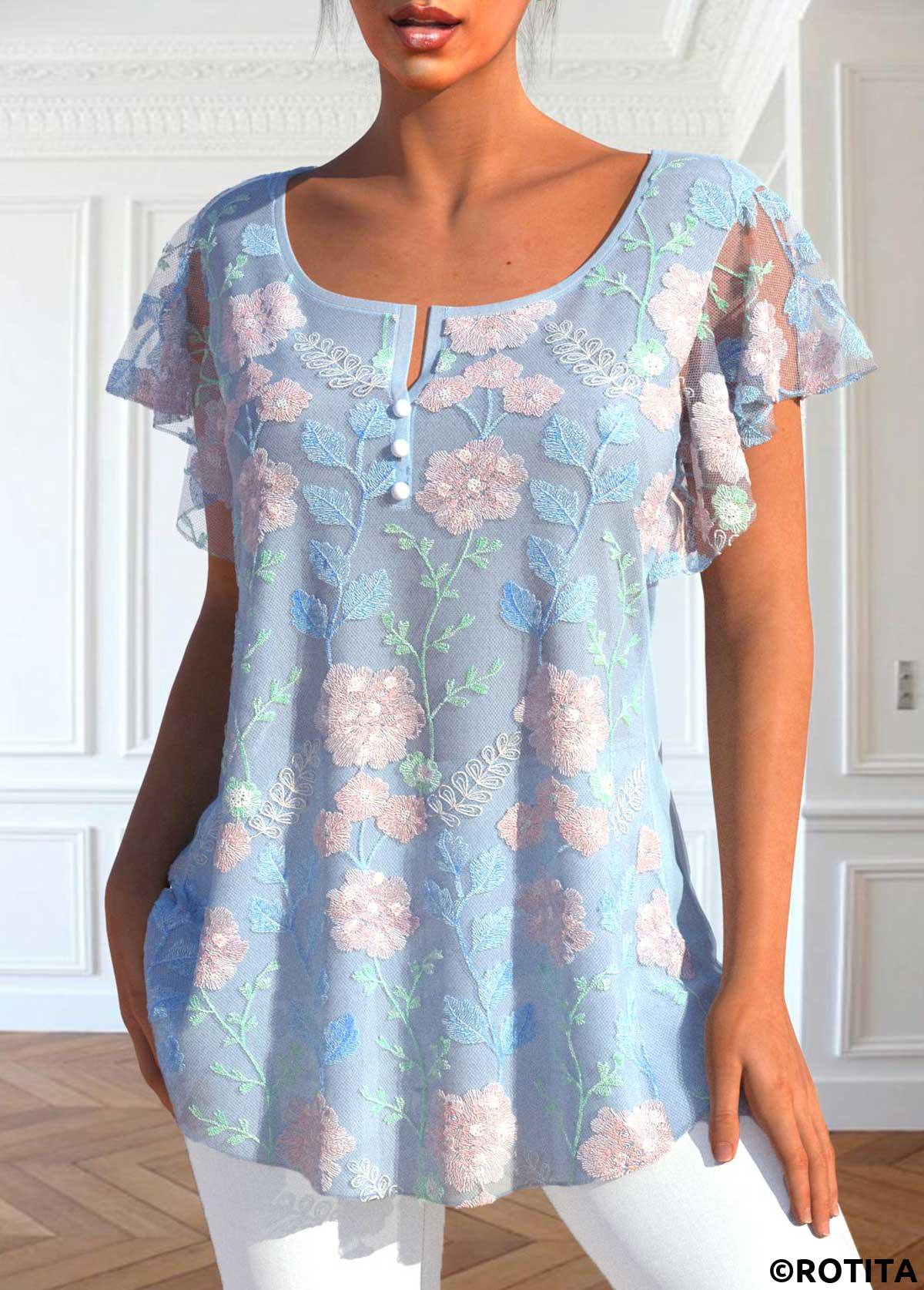 Light Blue tops,Plain Color tops,ROTITA Lace Light Blue Split Neck T Shirt
