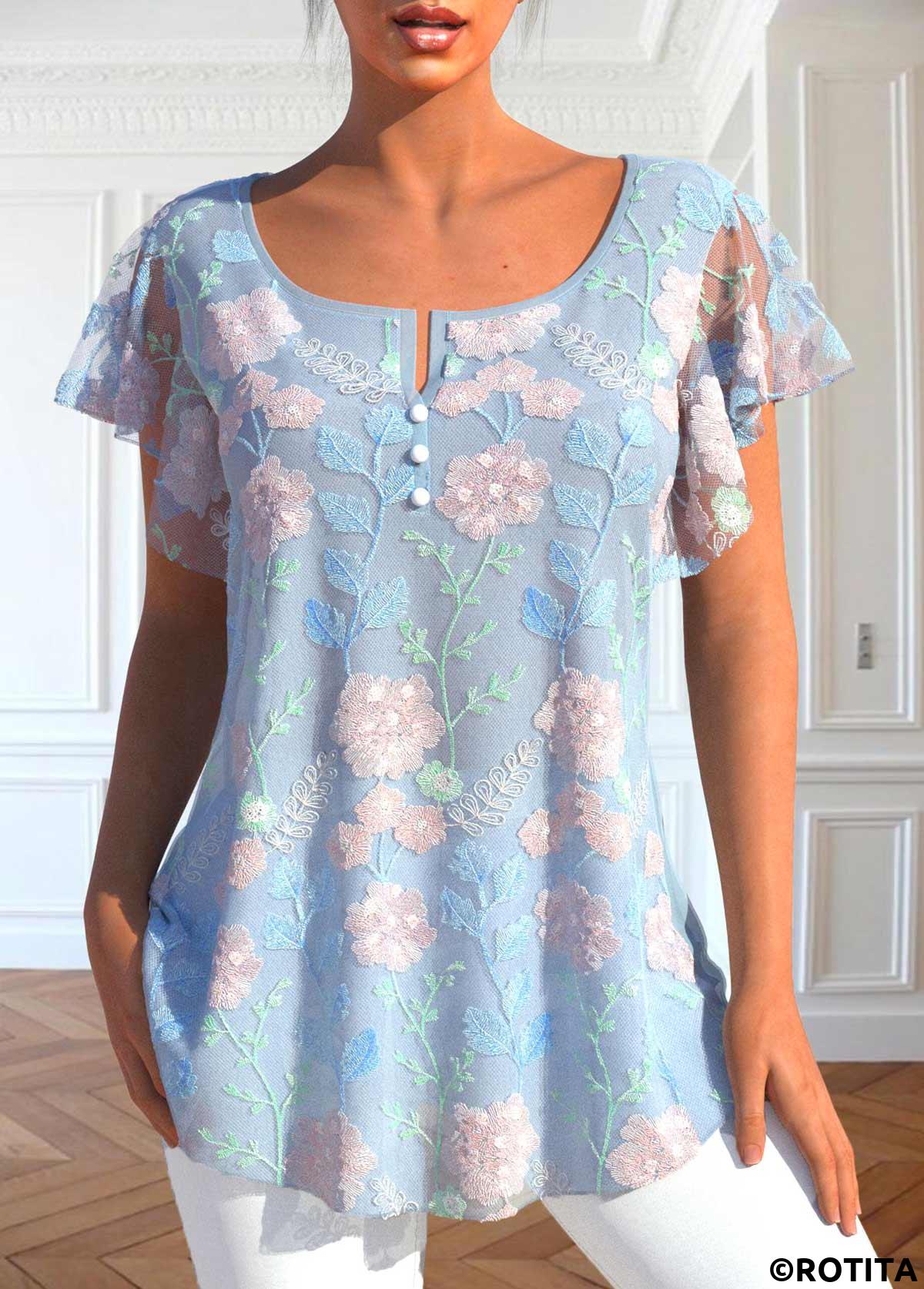 Light Blue tops,Plain Color tops,ROTITA Lace Light Blue Split Neck T Shirt