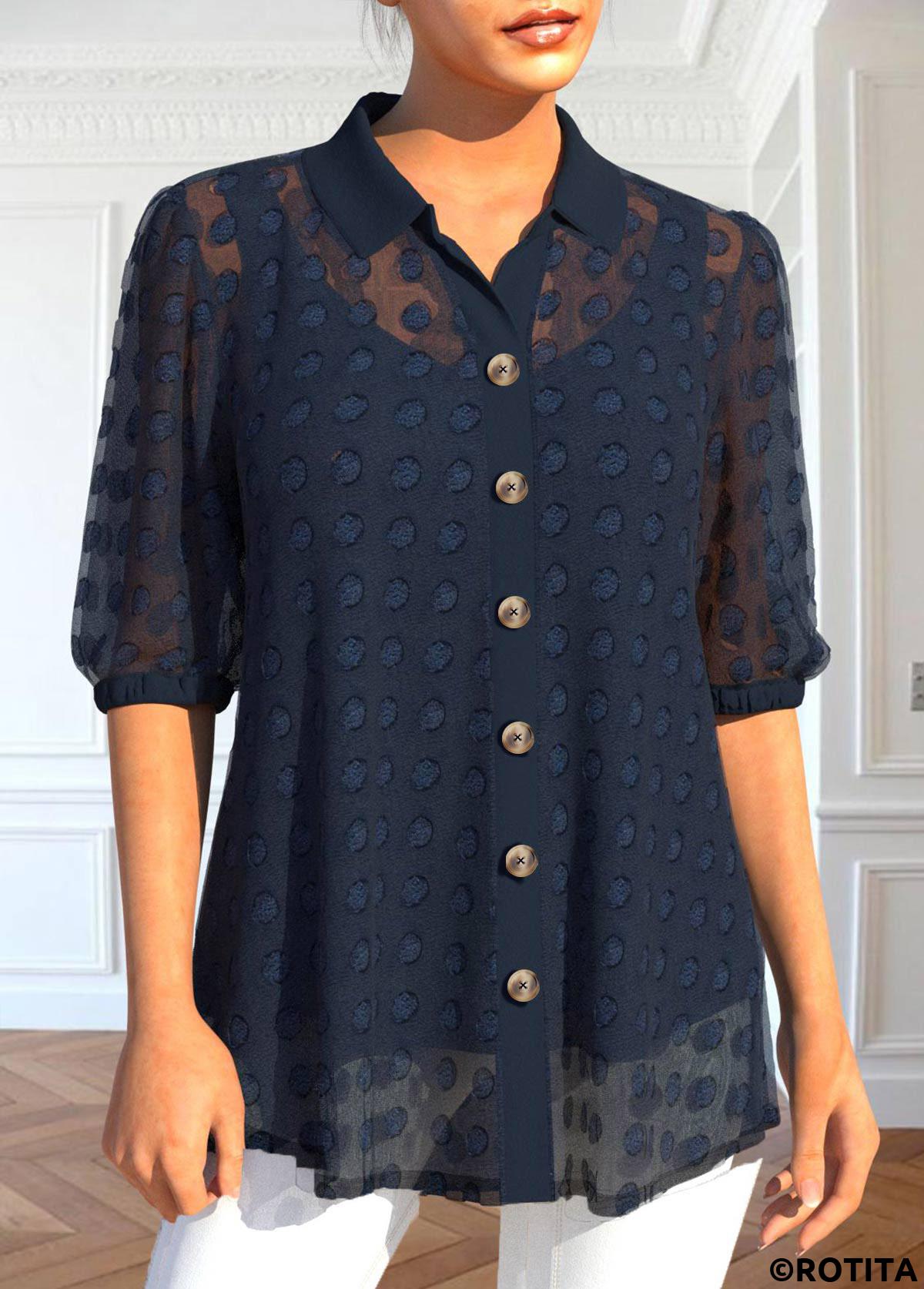 Navy tops,Plain Color tops,ROTITA Button Navy Shirt Collar Half Sleeve Blouse