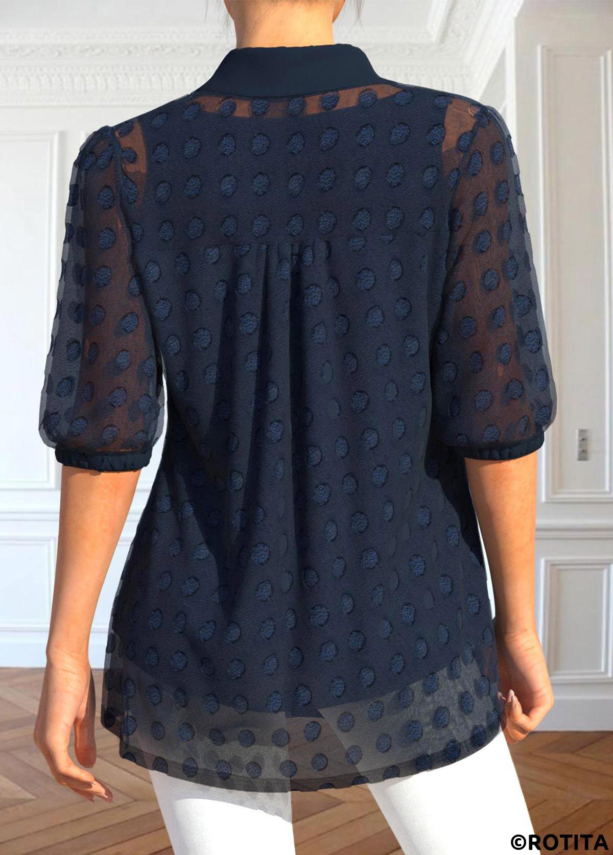 Navy tops,Plain Color tops,ROTITA Button Navy Shirt Collar Half Sleeve Blouse