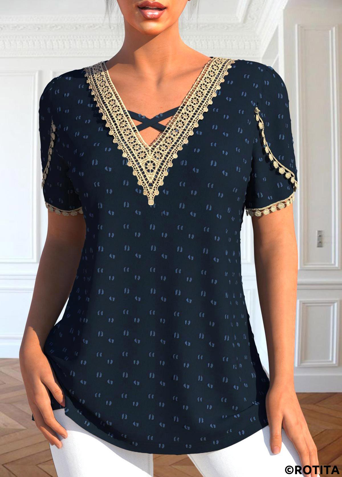 Navy tops,Contrast Color tops,ROTITA Patchwork Navy V Neck Short Sleeve T Shirt