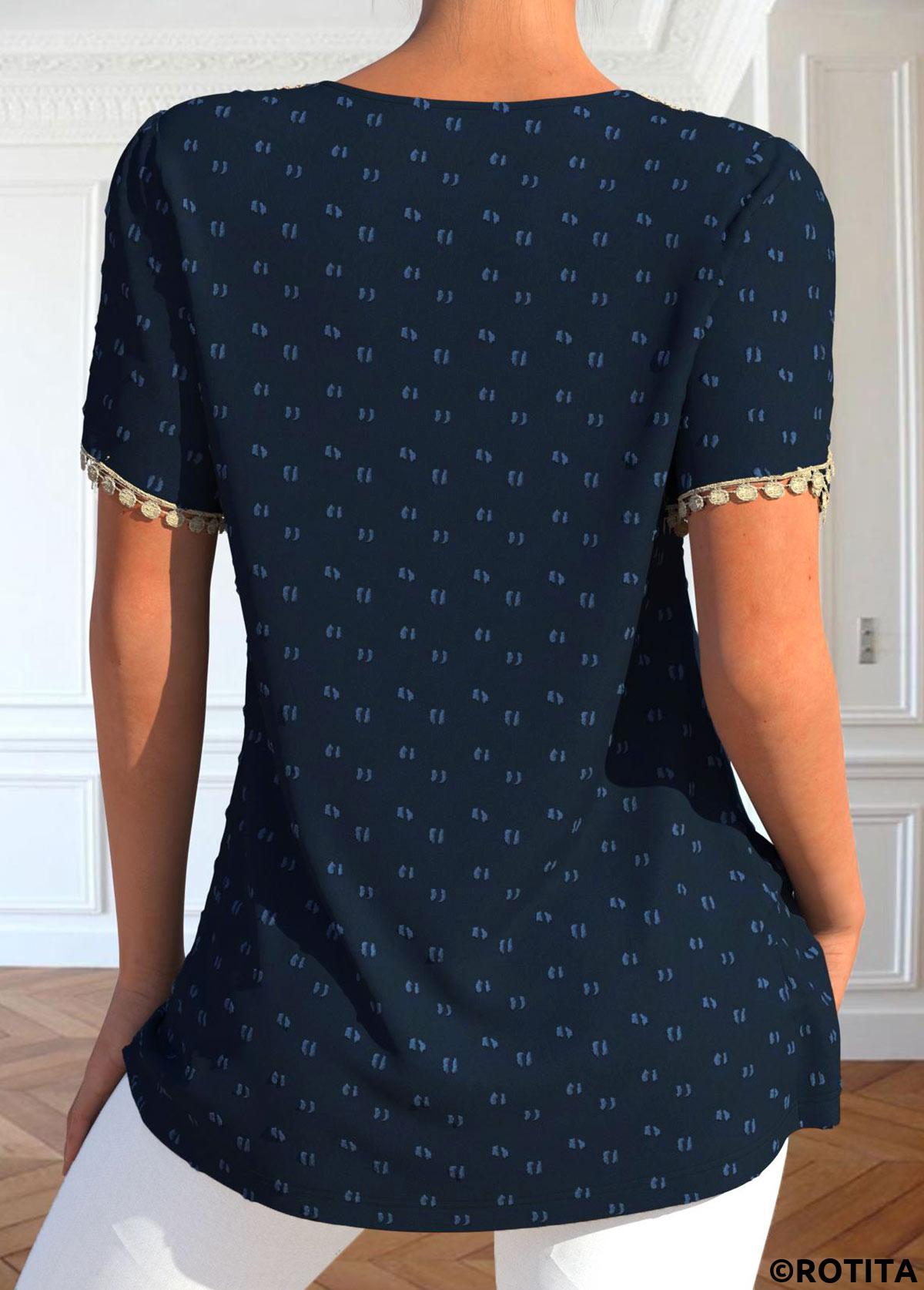 Navy tops,Contrast Color tops,ROTITA Patchwork Navy V Neck Short Sleeve T Shirt