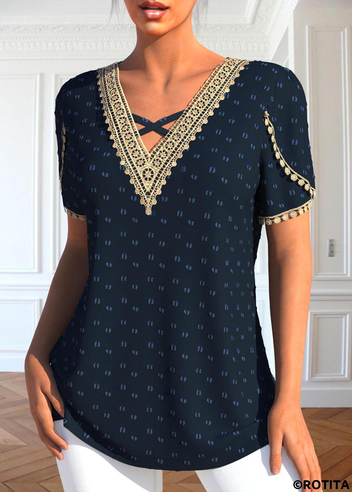 Navy tops,Contrast Color tops,ROTITA Patchwork Navy V Neck Short Sleeve T Shirt