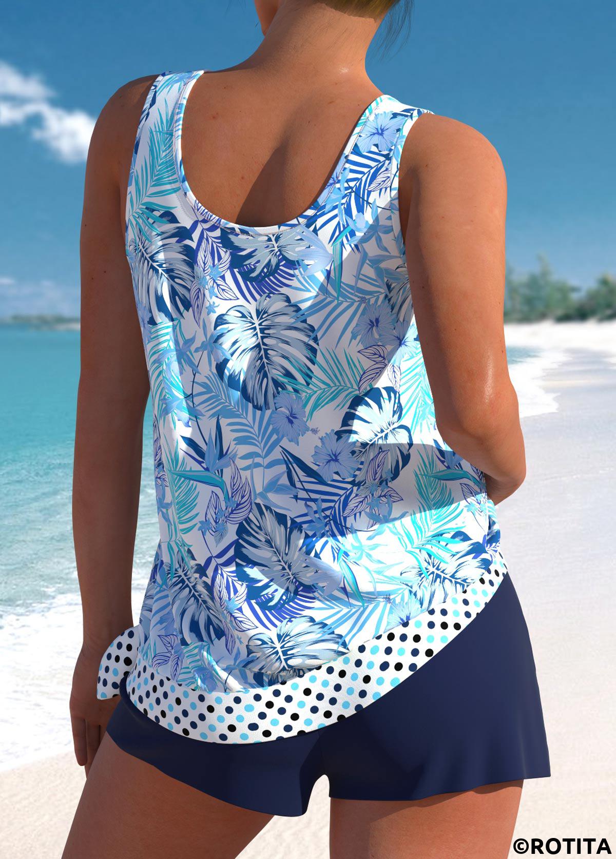 Blue swimwear,Floral swimwear,Plants swimwear,Dot swimwear,ROTITA Bowknot Blue Floral Print High Waisted Tankini Set