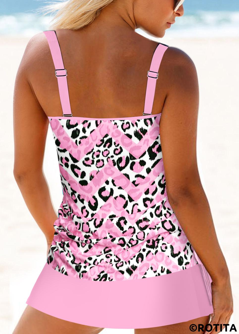 Pink plus size,Leopard plus size,Geometric plus size,ROTITA Plus Size Mid Waisted Circular Ring Leopard Tankini Set