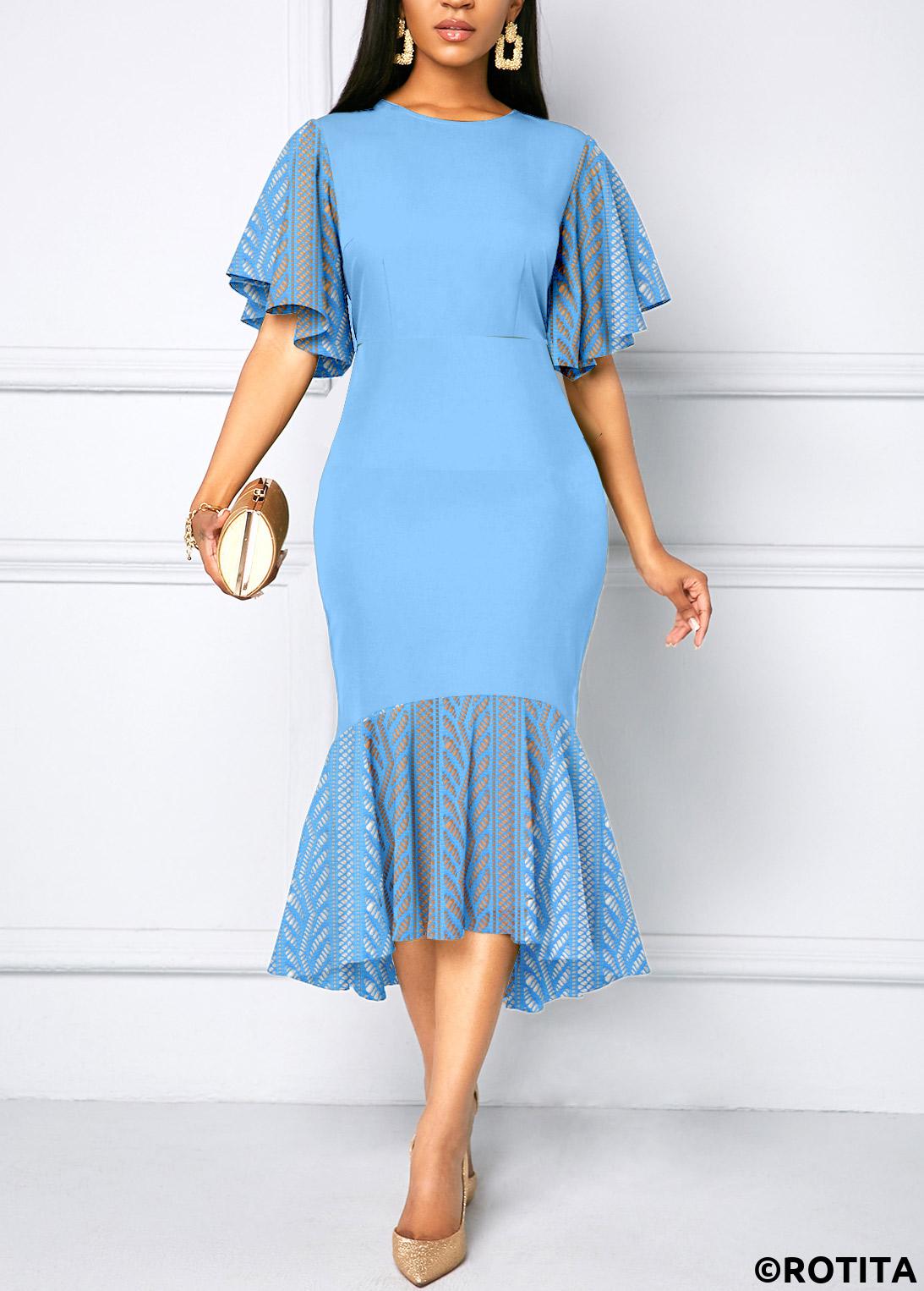 Sky Blue dresses,Plain Color dresses,Vacation dresses,Vacation dresses,ROTITA Lace Sky Blue Round Neck Bodycon Dress