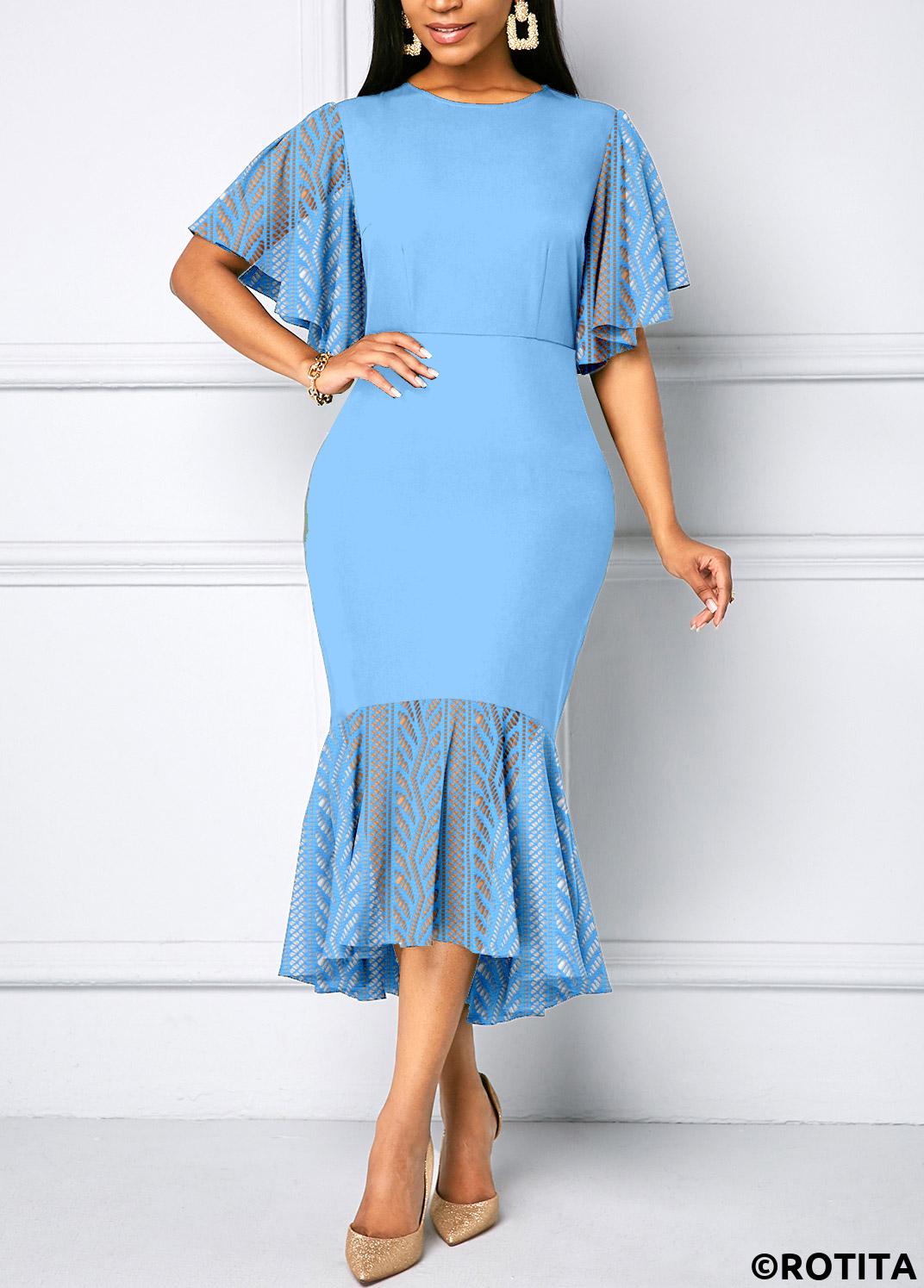 Sky Blue dresses,Plain Color dresses,Vacation dresses,Vacation dresses,ROTITA Lace Sky Blue Round Neck Bodycon Dress