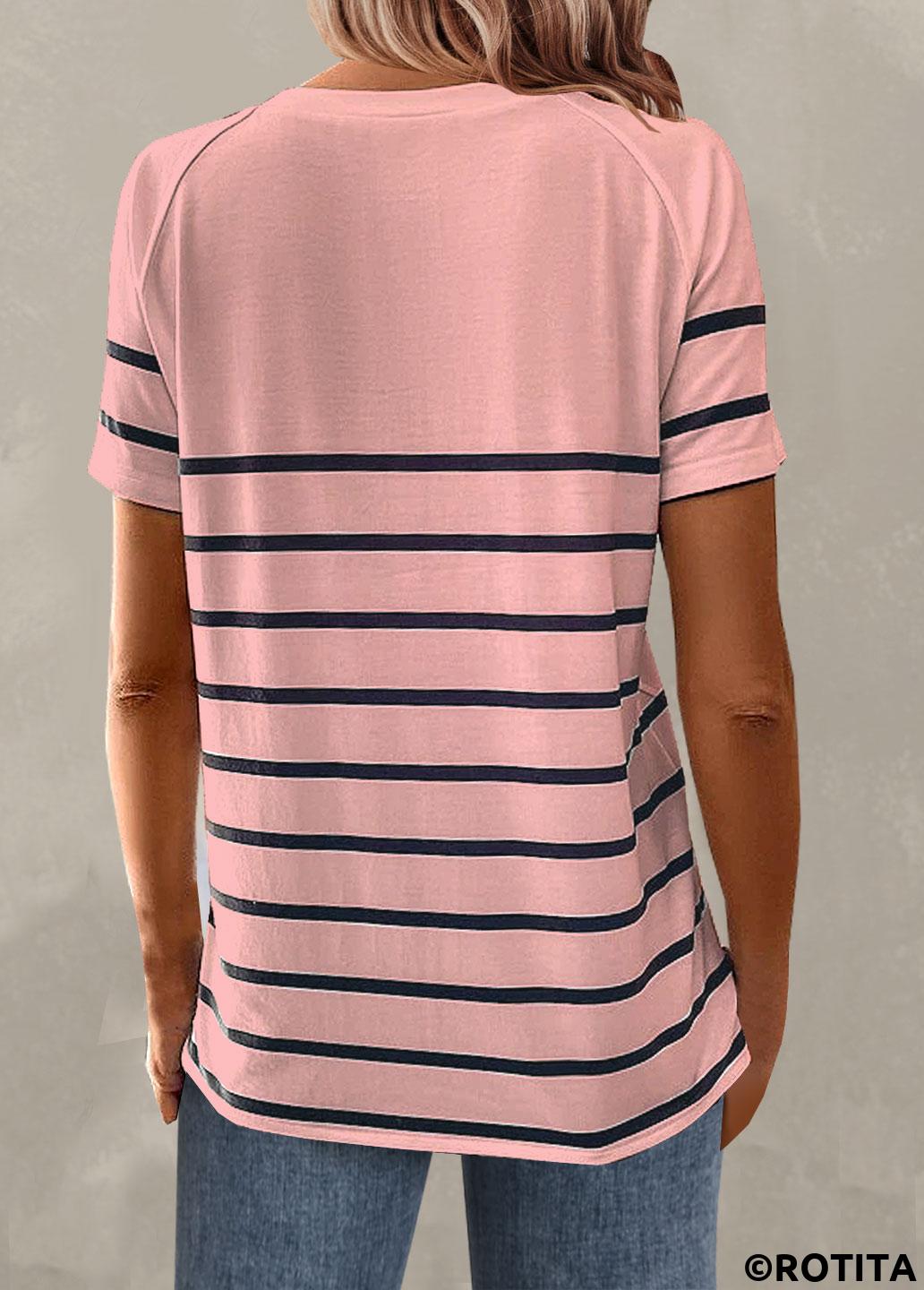 Light Pink plus size,Striped plus size,ROTITA Plus Size Button Light Pink Striped T Shirt