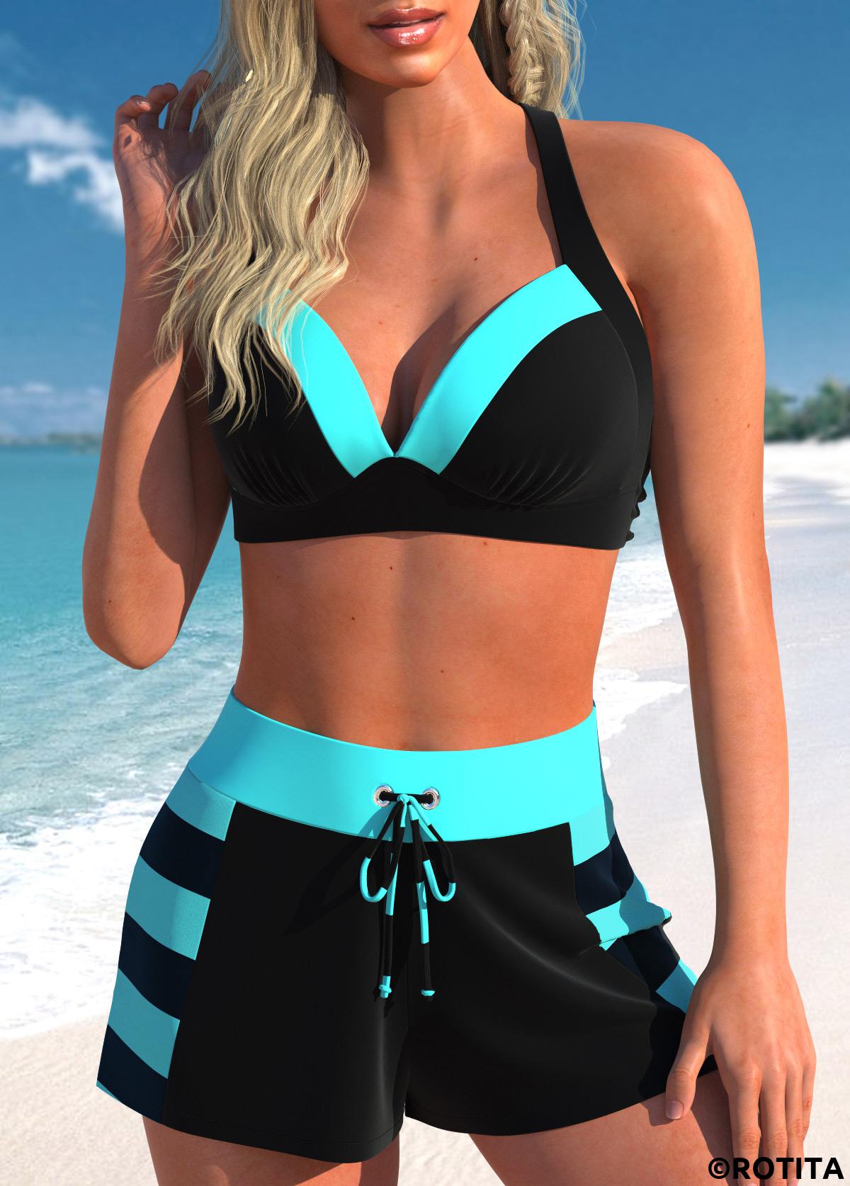 Black swimwear,Cyan swimwear,Striped swimwear,Geometric swimwear,ROTITA Patchwork Black Striped High Waisted Bikini Set