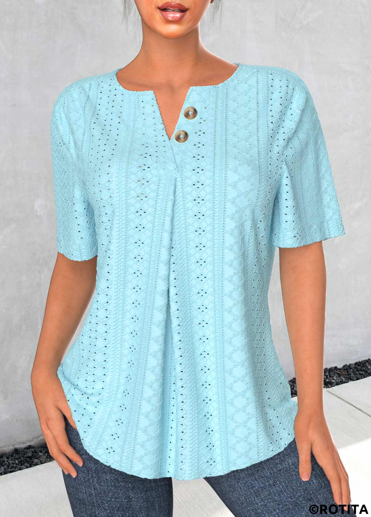 Light Blue tops,Plain Color tops,ROTITA Jacquard Light Blue Split Neck Short Sleeve Blouse