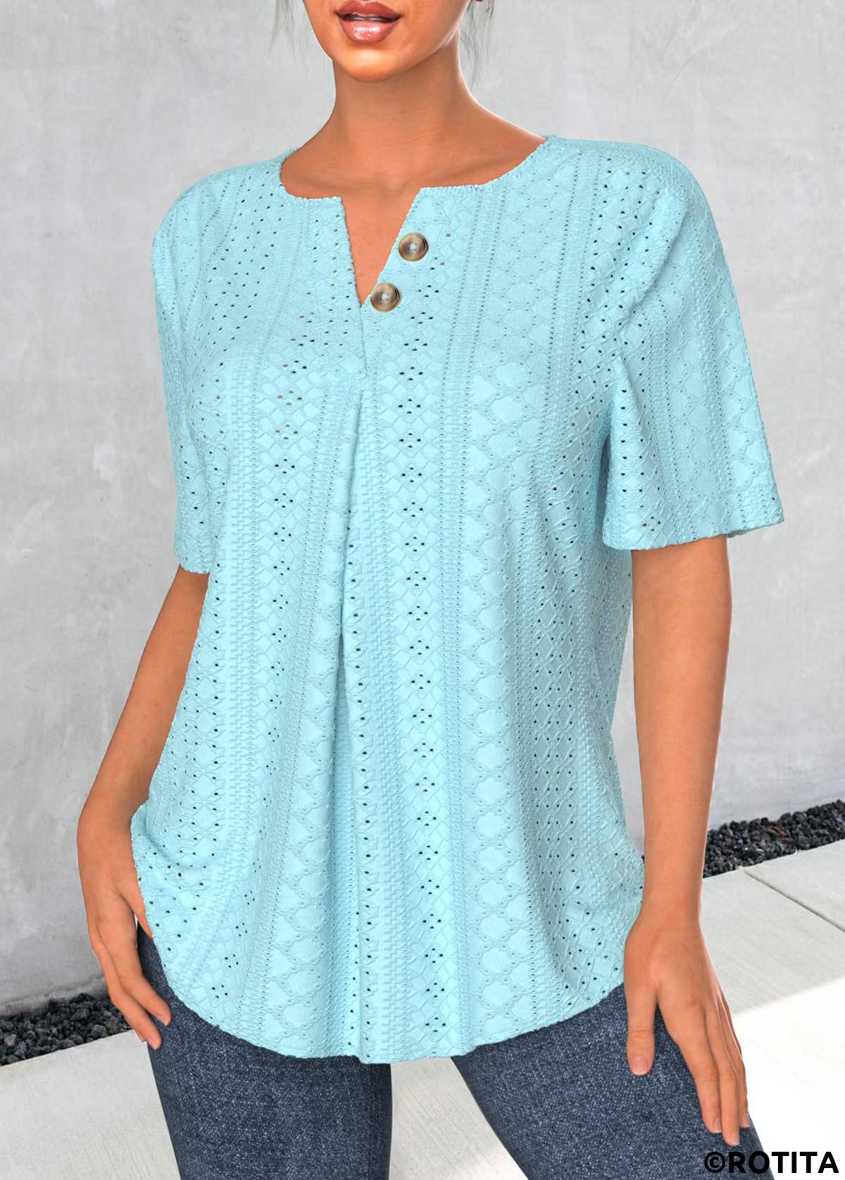 Light Blue tops,Plain Color tops,ROTITA Jacquard Light Blue Split Neck Short Sleeve Blouse