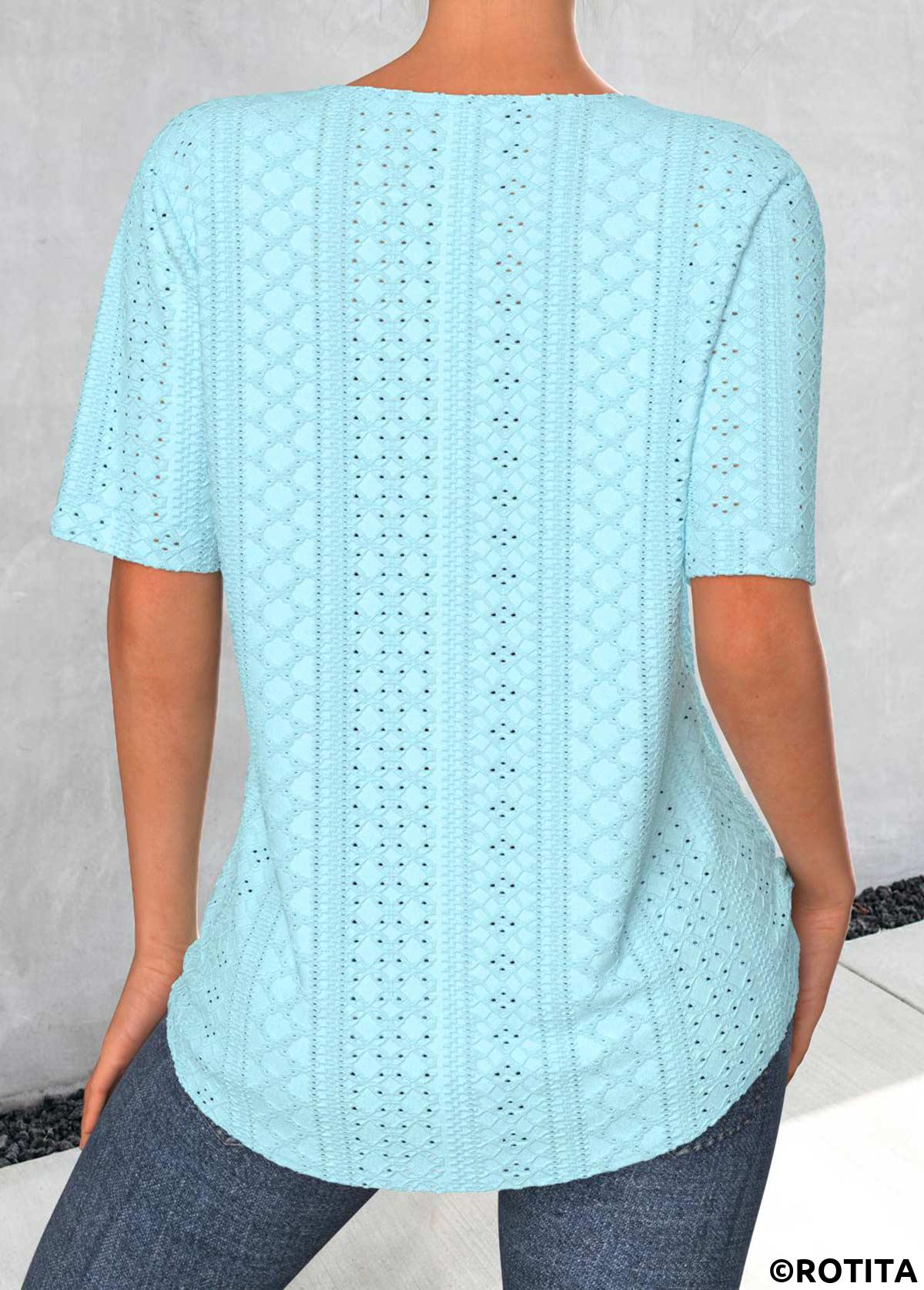Light Blue tops,Plain Color tops,ROTITA Jacquard Light Blue Split Neck Short Sleeve Blouse