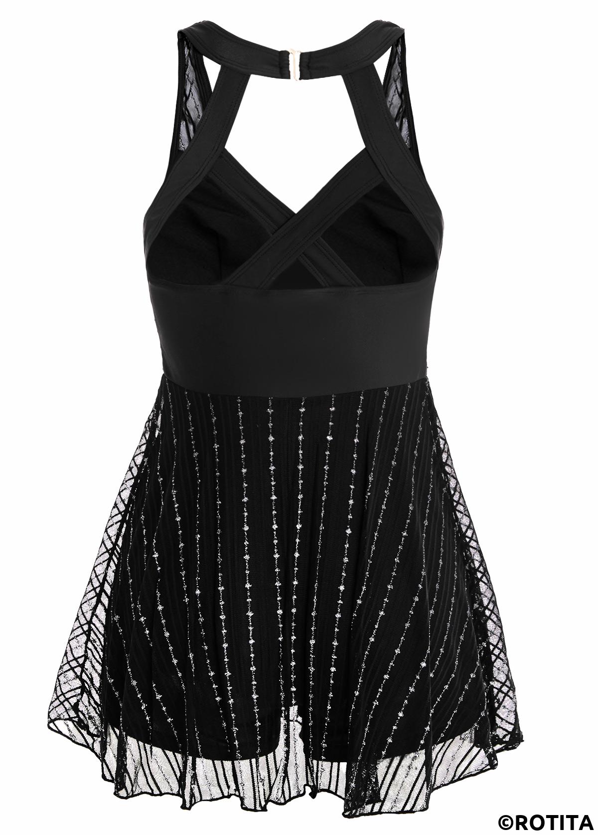 ROTITA Lace Criss Cross Black One Piece Swimwear