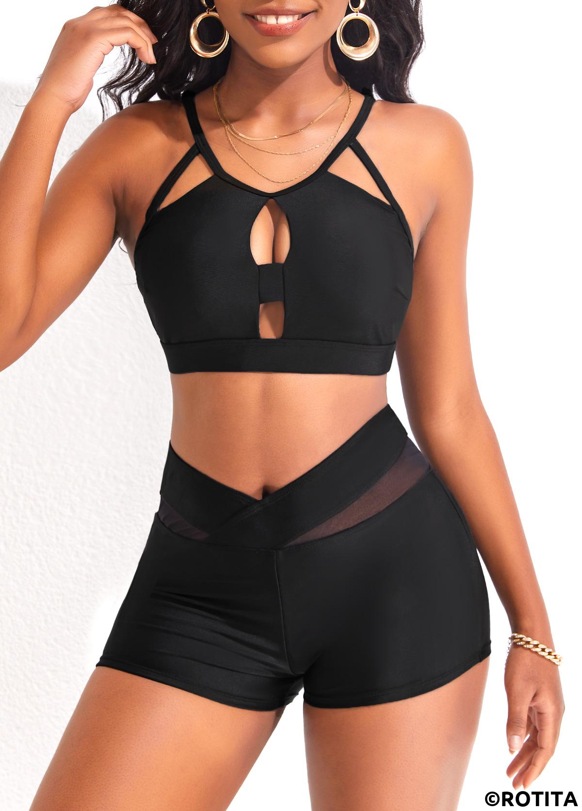 Black swimwear,Plain Color swimwear,ROTITA Black Mesh Mid Waisted Swim Shorts