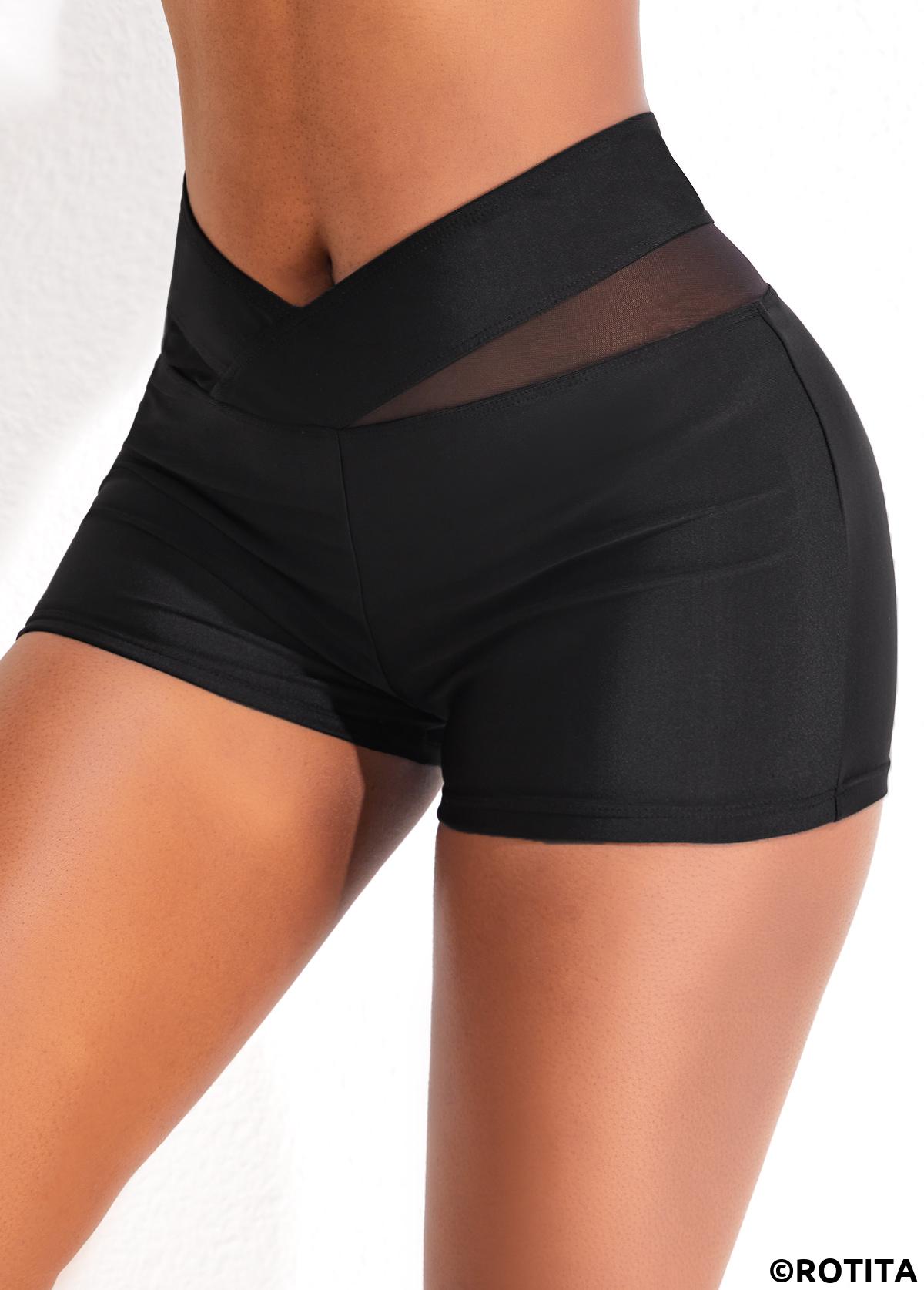 Black swimwear,Plain Color swimwear,ROTITA Black Mesh Mid Waisted Swim Shorts