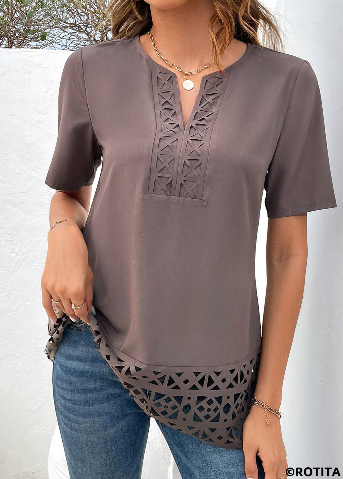 Light Coffee tops,Plain Color tops,ROTITA Patchwork Light Coffee Split Neck Short Sleeve Blouse