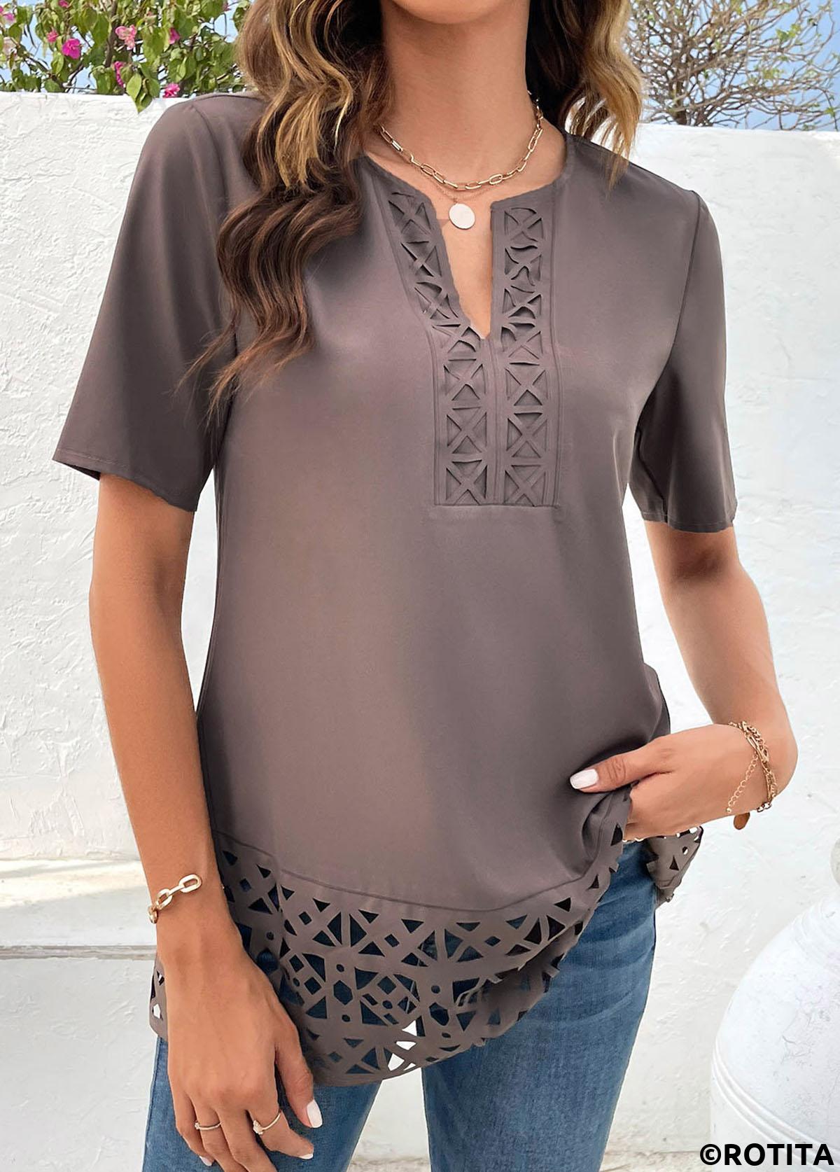 Light Coffee tops,Plain Color tops,ROTITA Patchwork Light Coffee Split Neck Short Sleeve Blouse