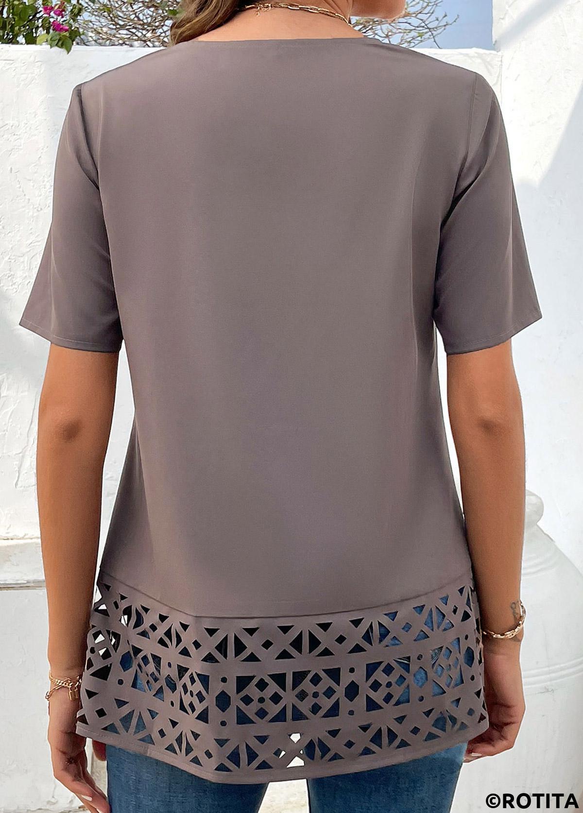 Light Coffee tops,Plain Color tops,ROTITA Patchwork Light Coffee Split Neck Short Sleeve Blouse