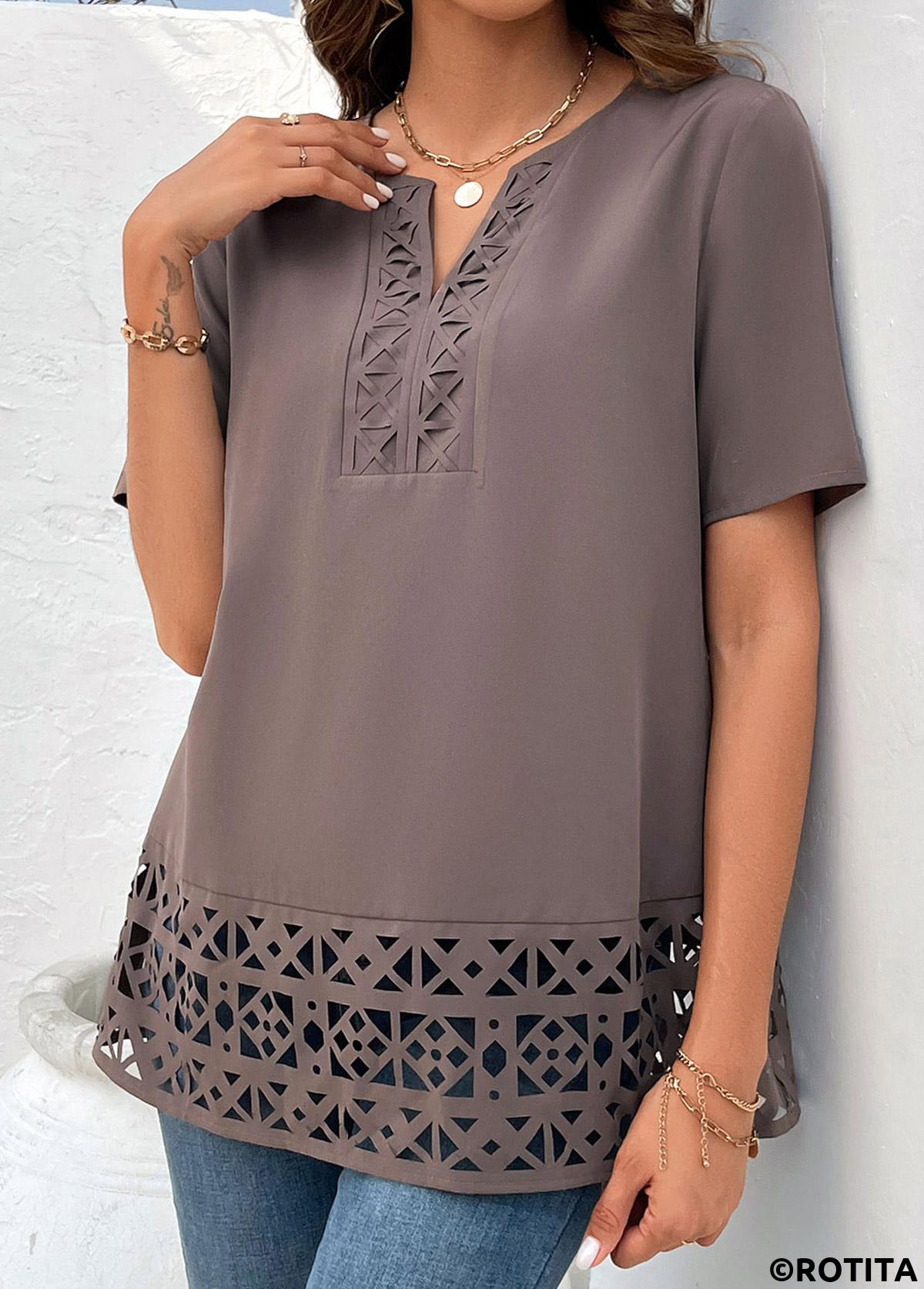 Light Coffee tops,Plain Color tops,ROTITA Patchwork Light Coffee Split Neck Short Sleeve Blouse