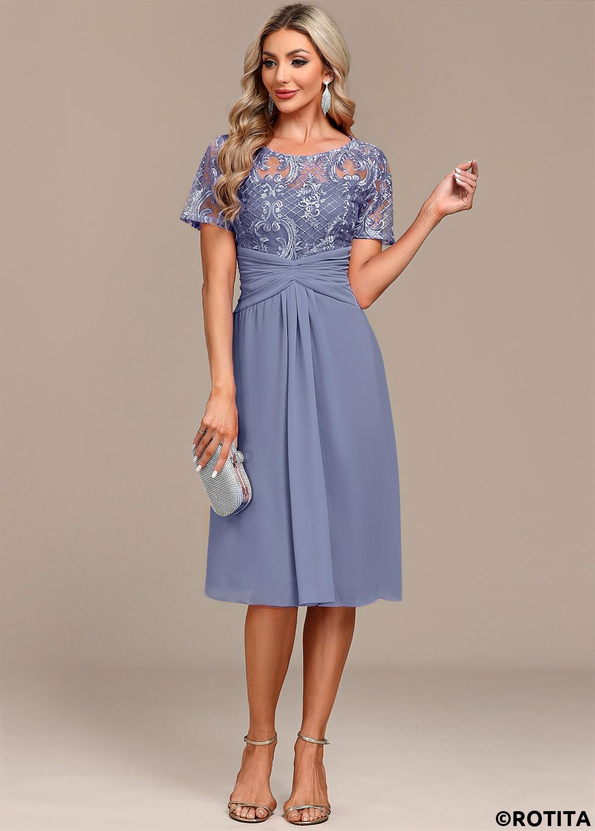 Dusty Blue plus size,Plain Color plus size,ROTITA Plus Size Lace Dusty Blue H Shape Dress