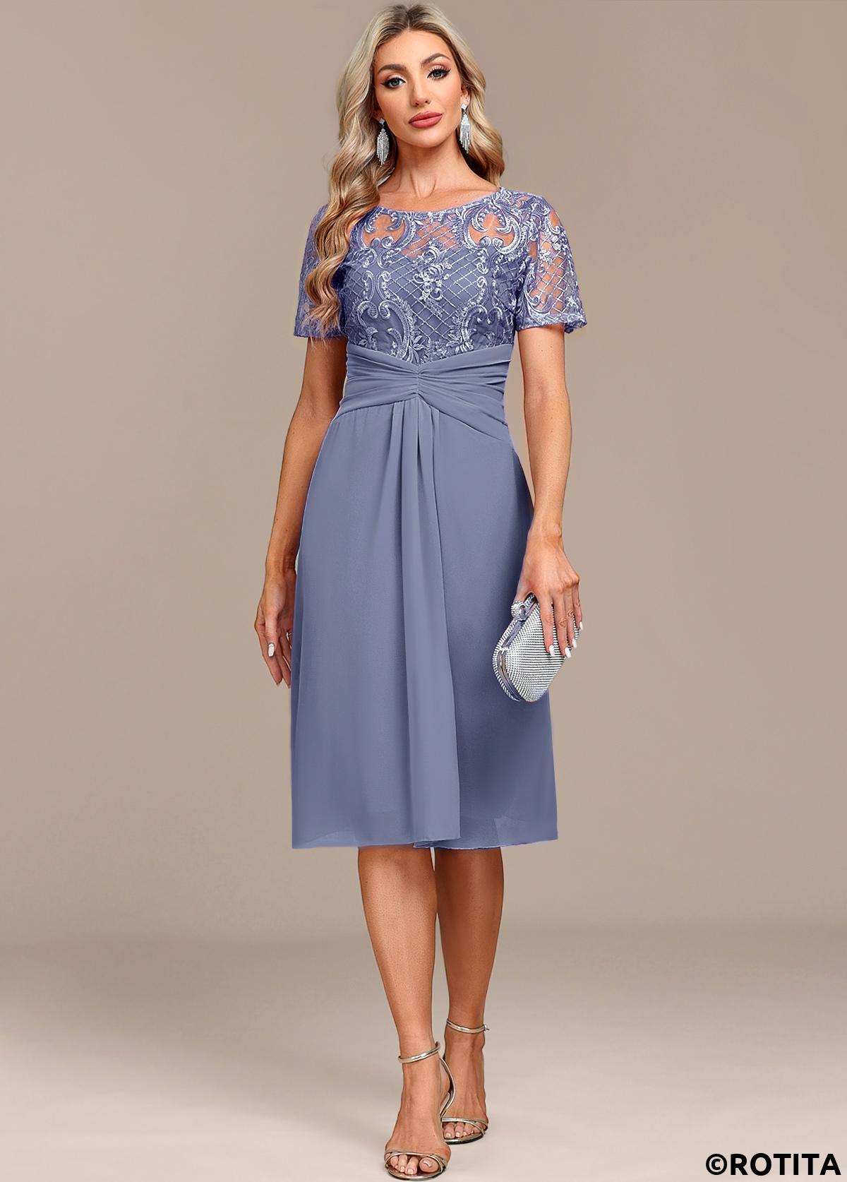Dusty Blue plus size,Plain Color plus size,ROTITA Plus Size Lace Dusty Blue H Shape Dress