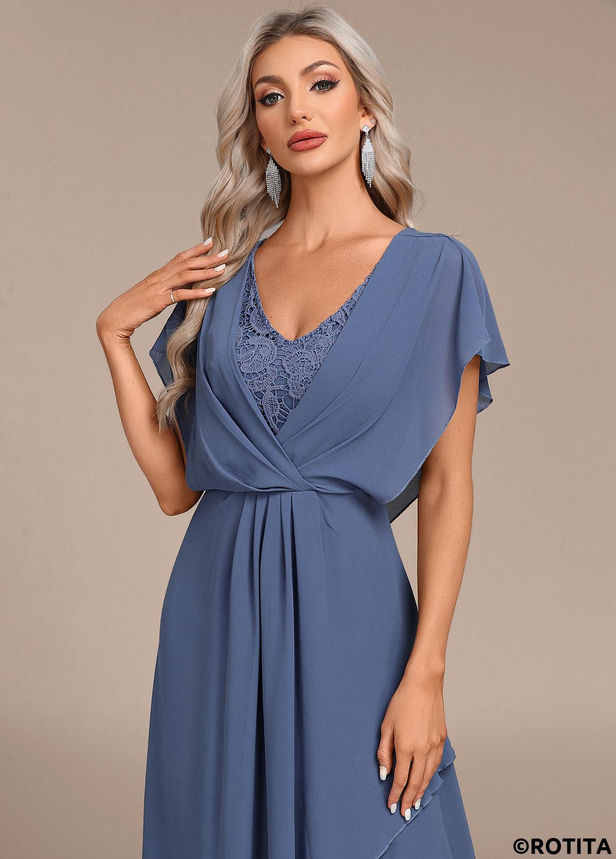 Dusty Blue dresses,Plain Color dresses,Party dresses,Elegant dresses,ROTITA Lace Dusty Blue V Neck Maxi Dress